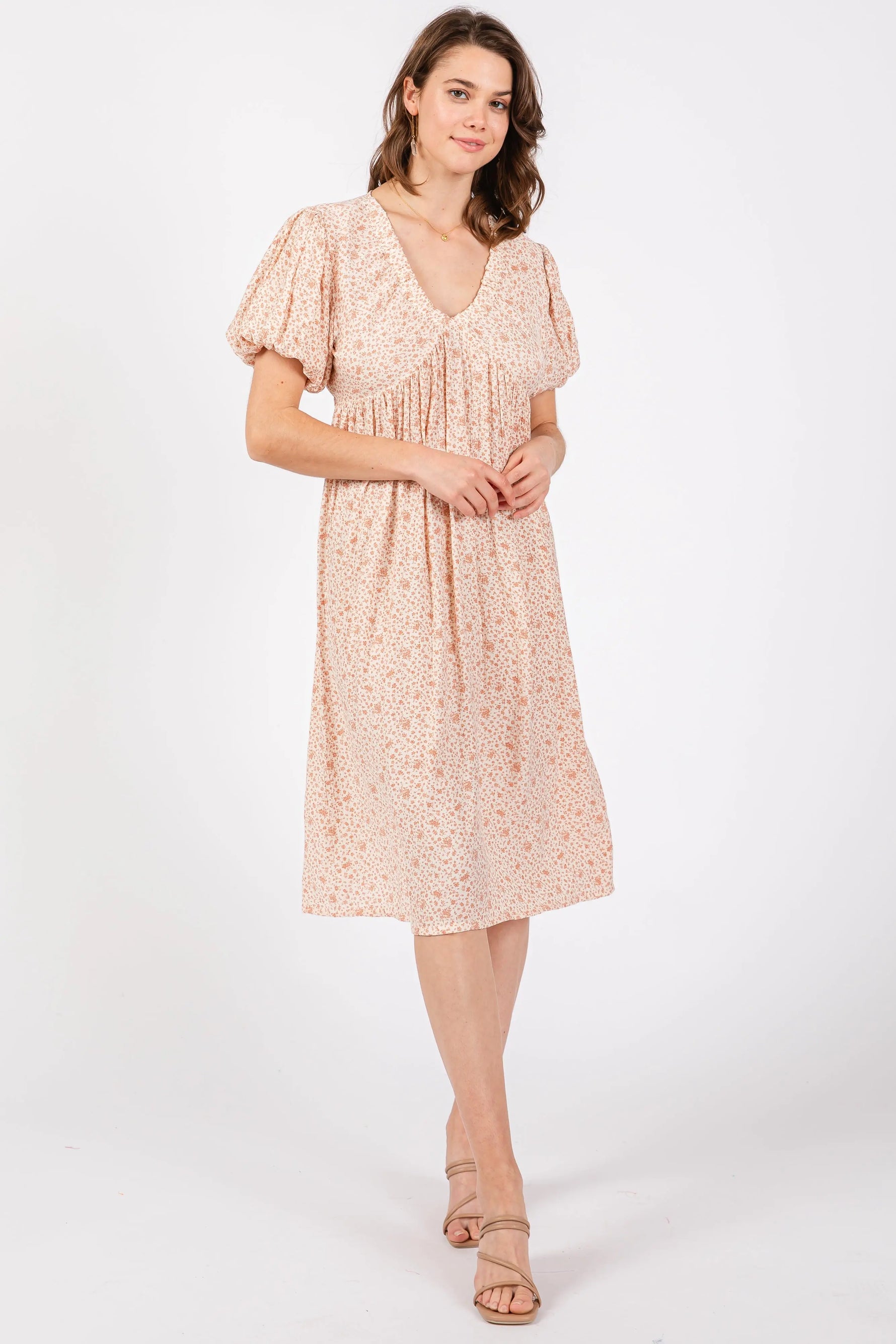 PinkBlush Peach Floral Midi Dress with Puff Sleeves for Stylish Women - Apparel & Accessories > Clothing > Dresses