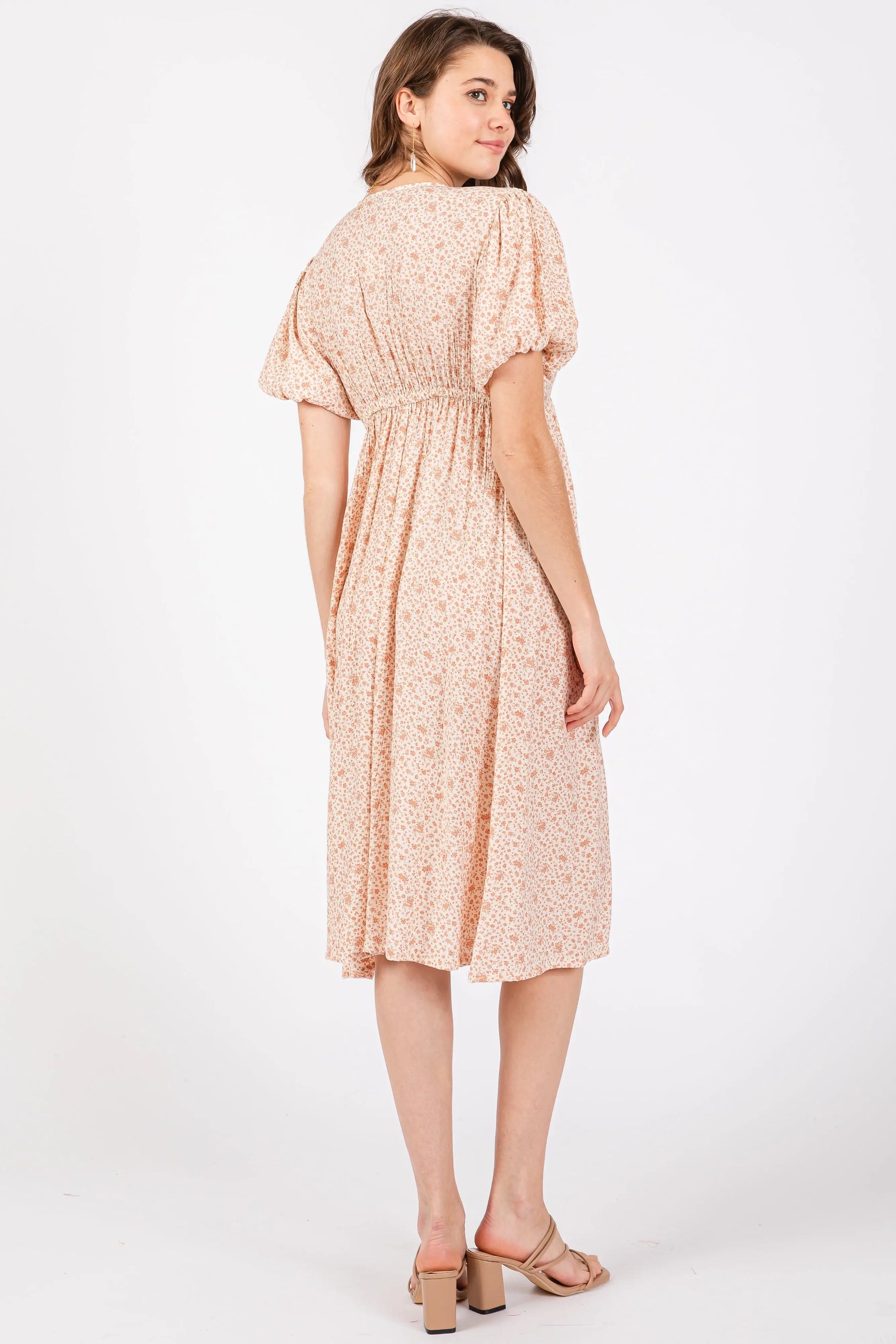 PinkBlush Peach Floral Midi Dress with Puff Sleeves for Stylish Women - Apparel & Accessories > Clothing > Dresses