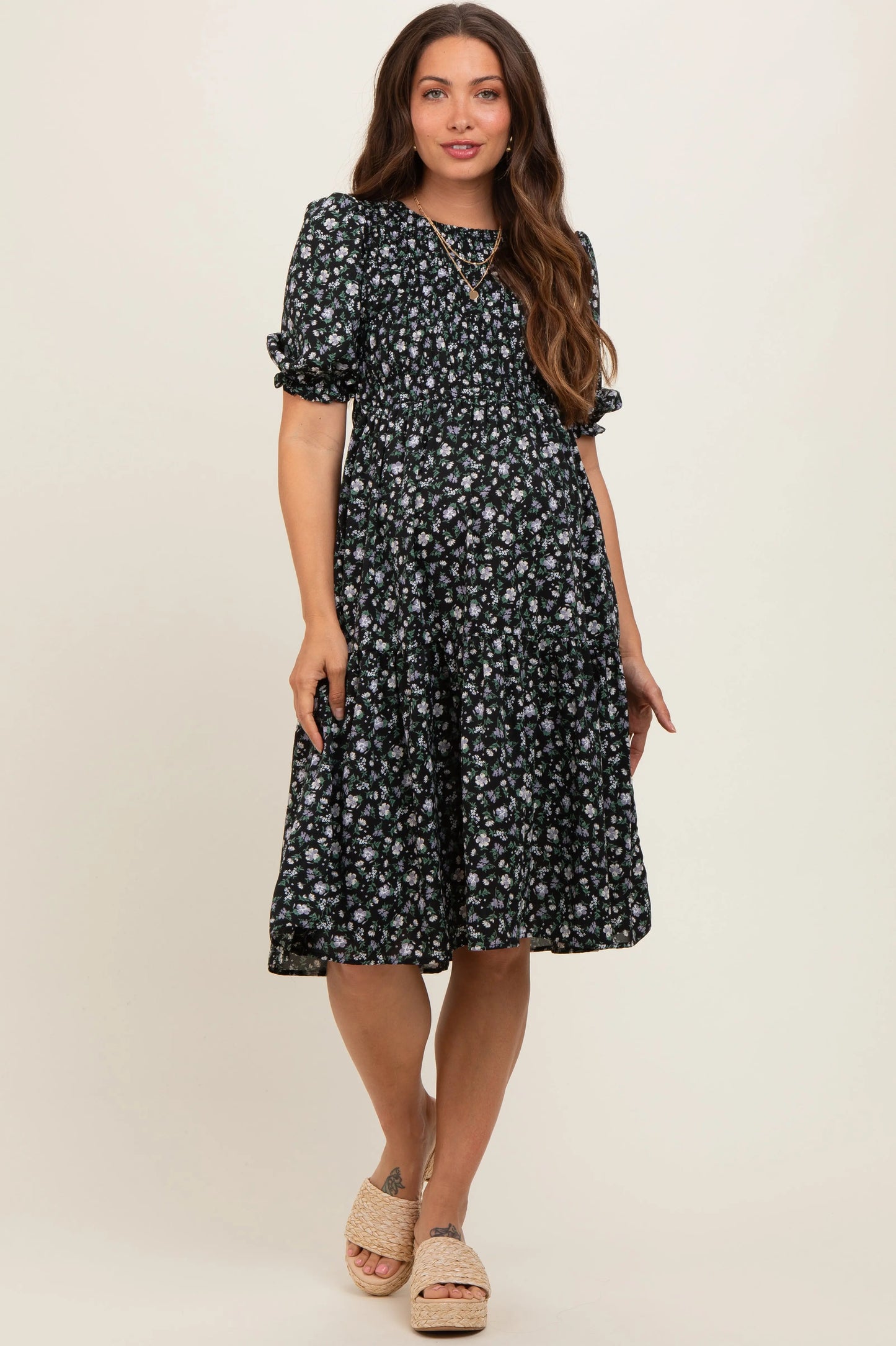 PinkBlush Elegant Maternity Midi Dress with Puff Sleeves for Modern Mothers - Apparel & Accessories > Clothing > Dresses