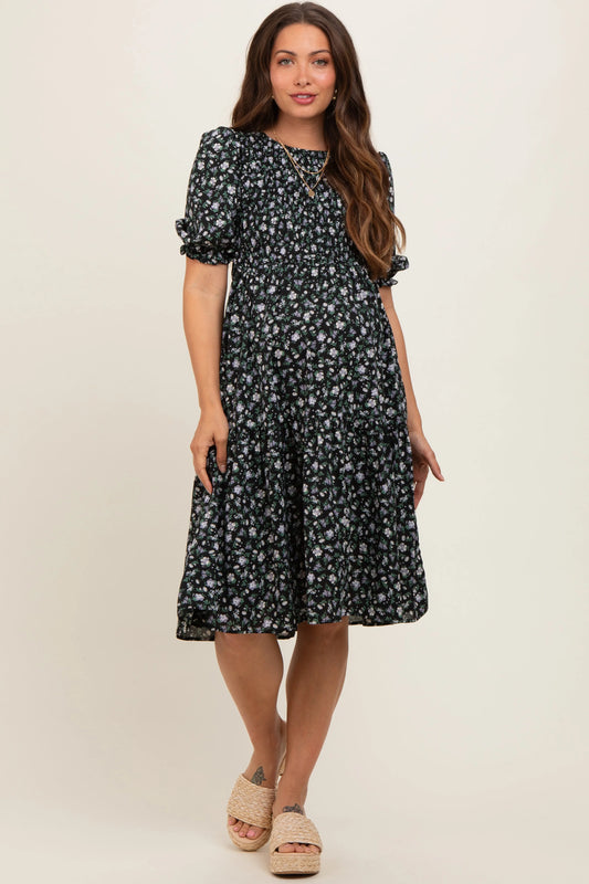 PinkBlush Elegant Maternity Midi Dress with Puff Sleeves for Modern Mothers - Apparel & Accessories > Clothing > Dresses