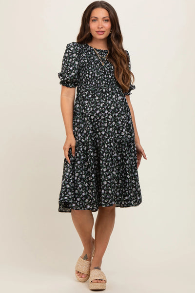 Elegant Maternity Midi Dress with Puff Sleeves for Modern Mothers
