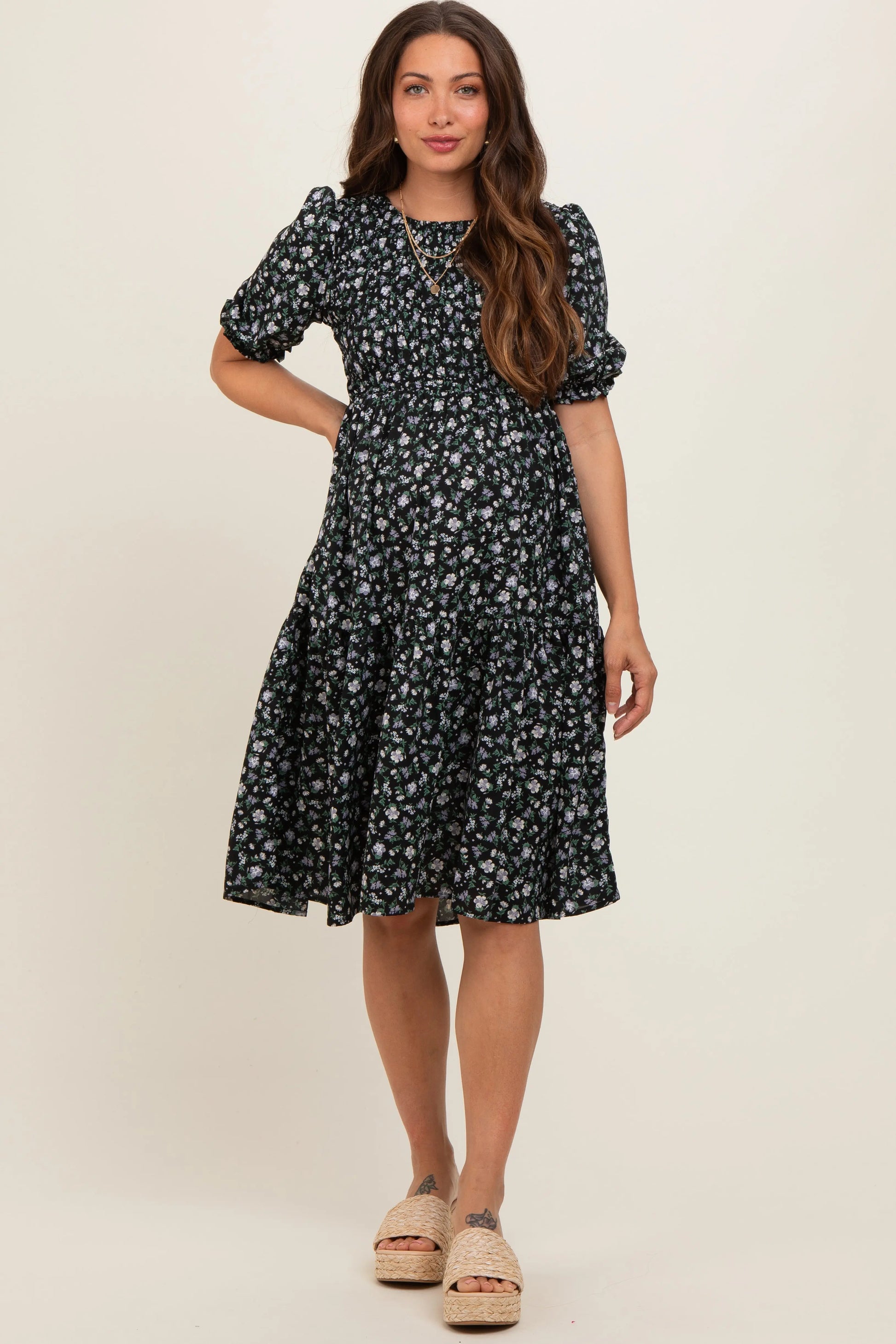 PinkBlush Elegant Maternity Midi Dress with Puff Sleeves for Modern Mothers - Apparel & Accessories > Clothing > Dresses