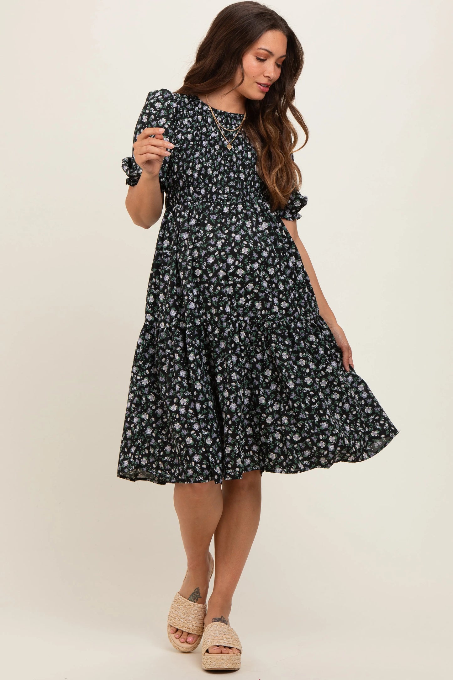 PinkBlush Elegant Maternity Midi Dress with Puff Sleeves for Modern Mothers - Apparel & Accessories > Clothing > Dresses