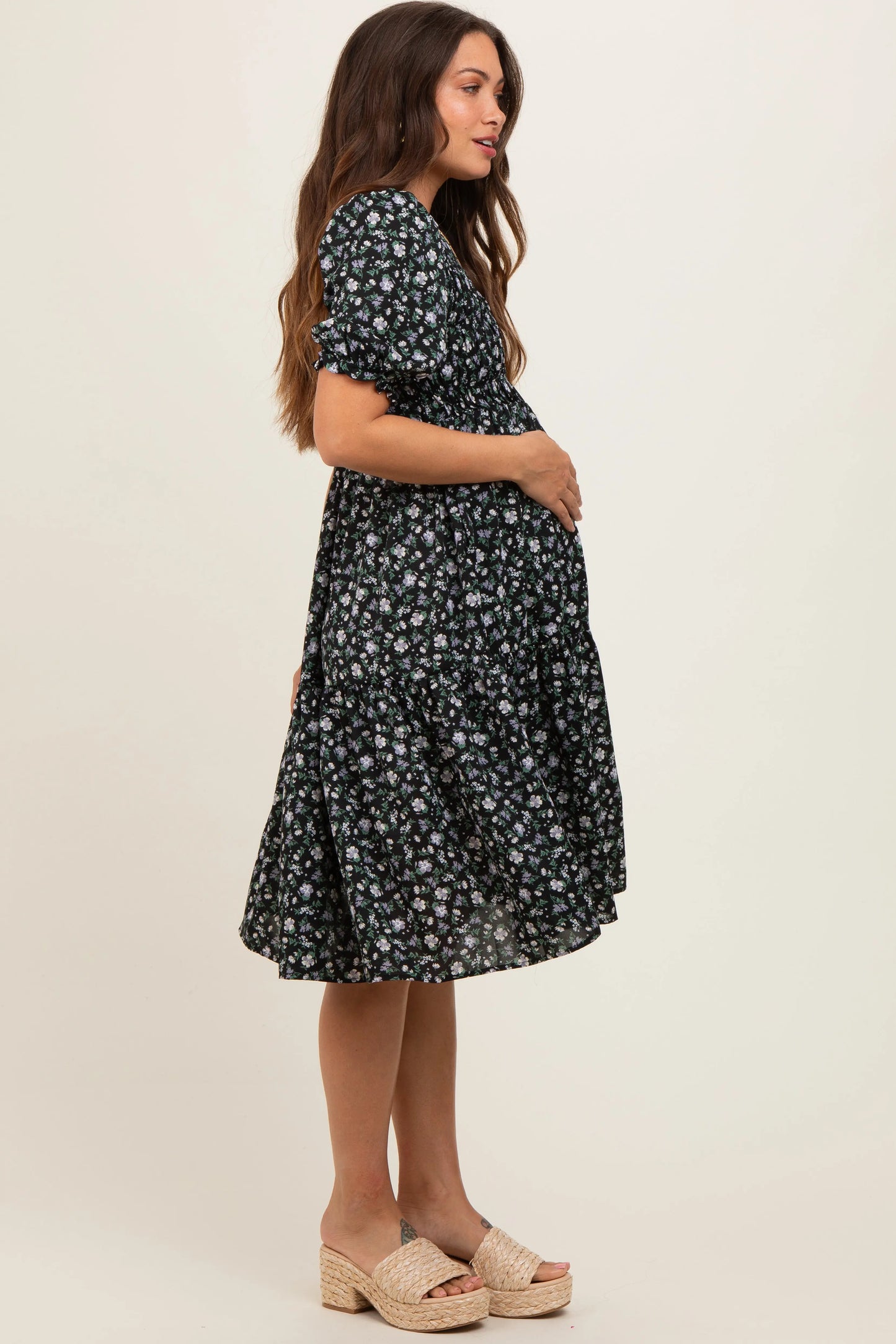 PinkBlush Elegant Maternity Midi Dress with Puff Sleeves for Modern Mothers - Apparel & Accessories > Clothing > Dresses