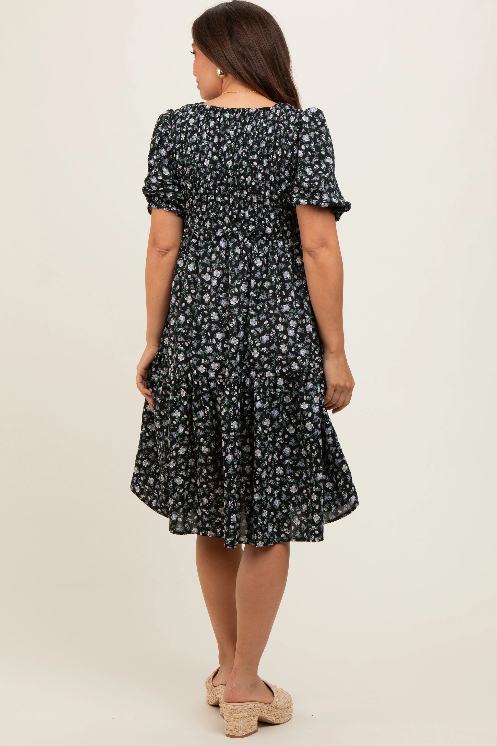 PinkBlush Elegant Maternity Midi Dress with Puff Sleeves for Modern Mothers - Apparel & Accessories > Clothing > Dresses