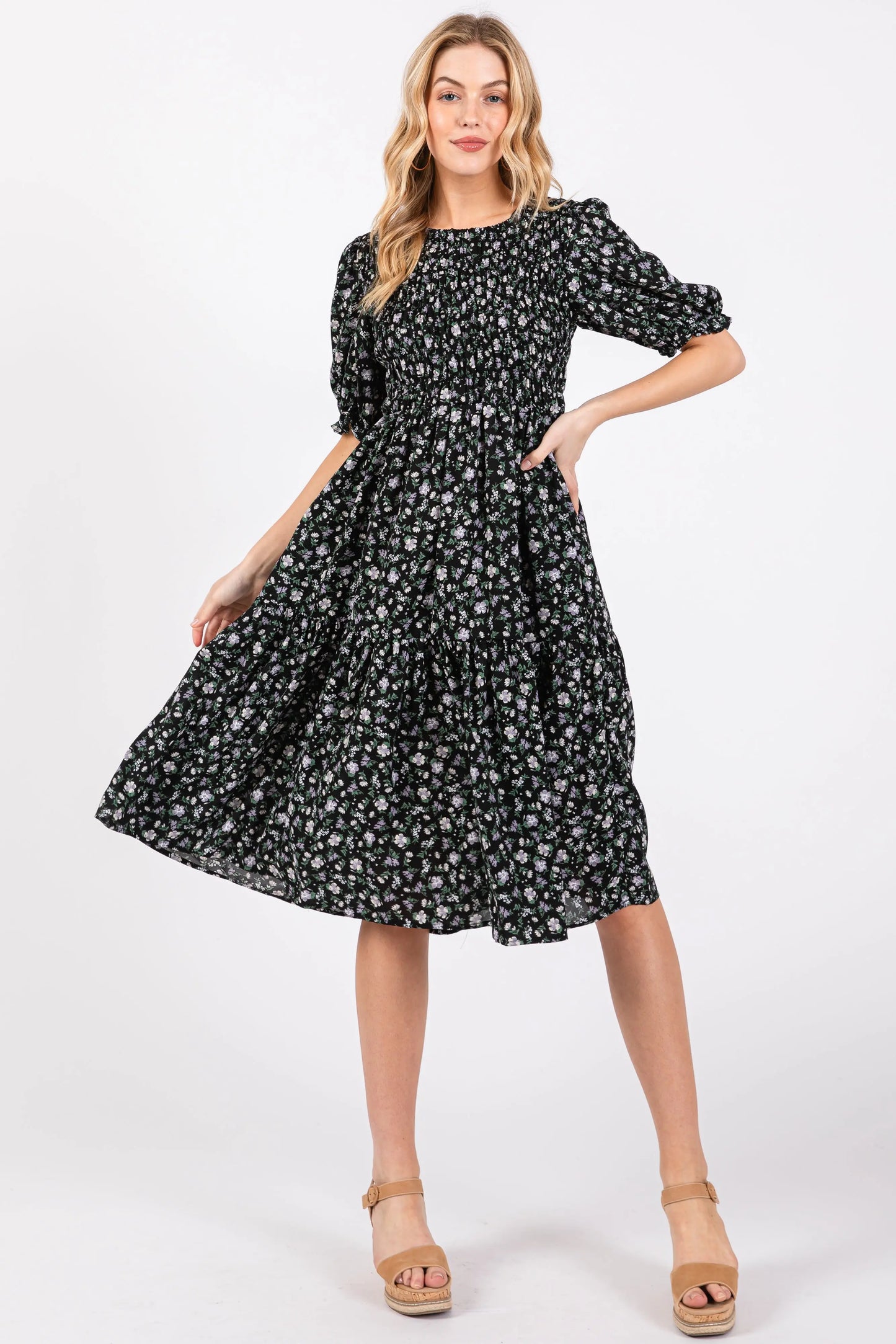 PinkBlush Elegant Maternity Midi Dress with Puff Sleeves for Modern Mothers - Apparel & Accessories > Clothing > Dresses