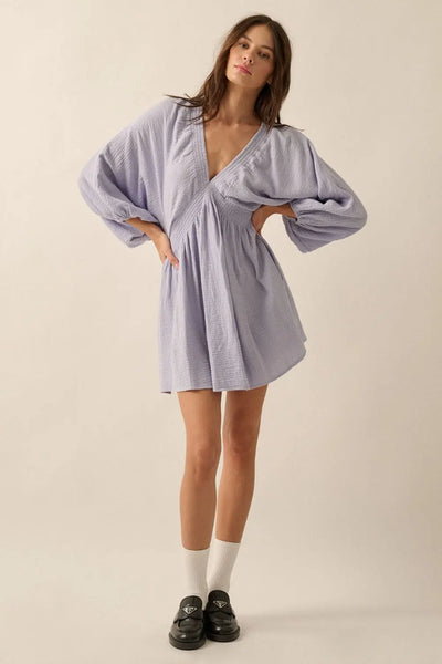 Vibrant Violet Blue Crinkle Cotton Mini Dress with Dolman Sleeves for Casual Wear