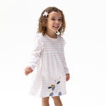 Pink long sleeve baby dress with cow, sunflower and chicken applique, ruffle details, and matching bloomer