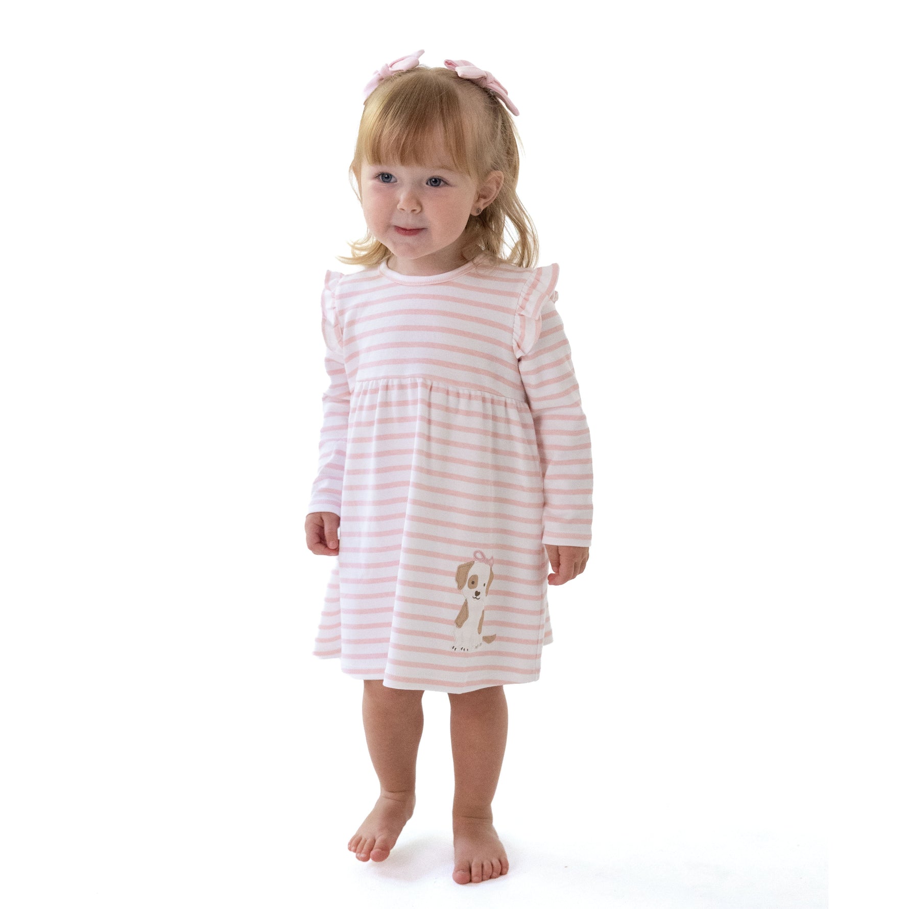 Striped long sleeve baby dress with puppy applique, ruffle trim and matching bloomer