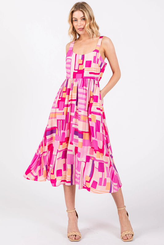 PinkBlush Fuchsia Geo Printed Midi Dress with Cut Out Back for Fashionable Women - Apparel & Accessories > Clothing > Dresses