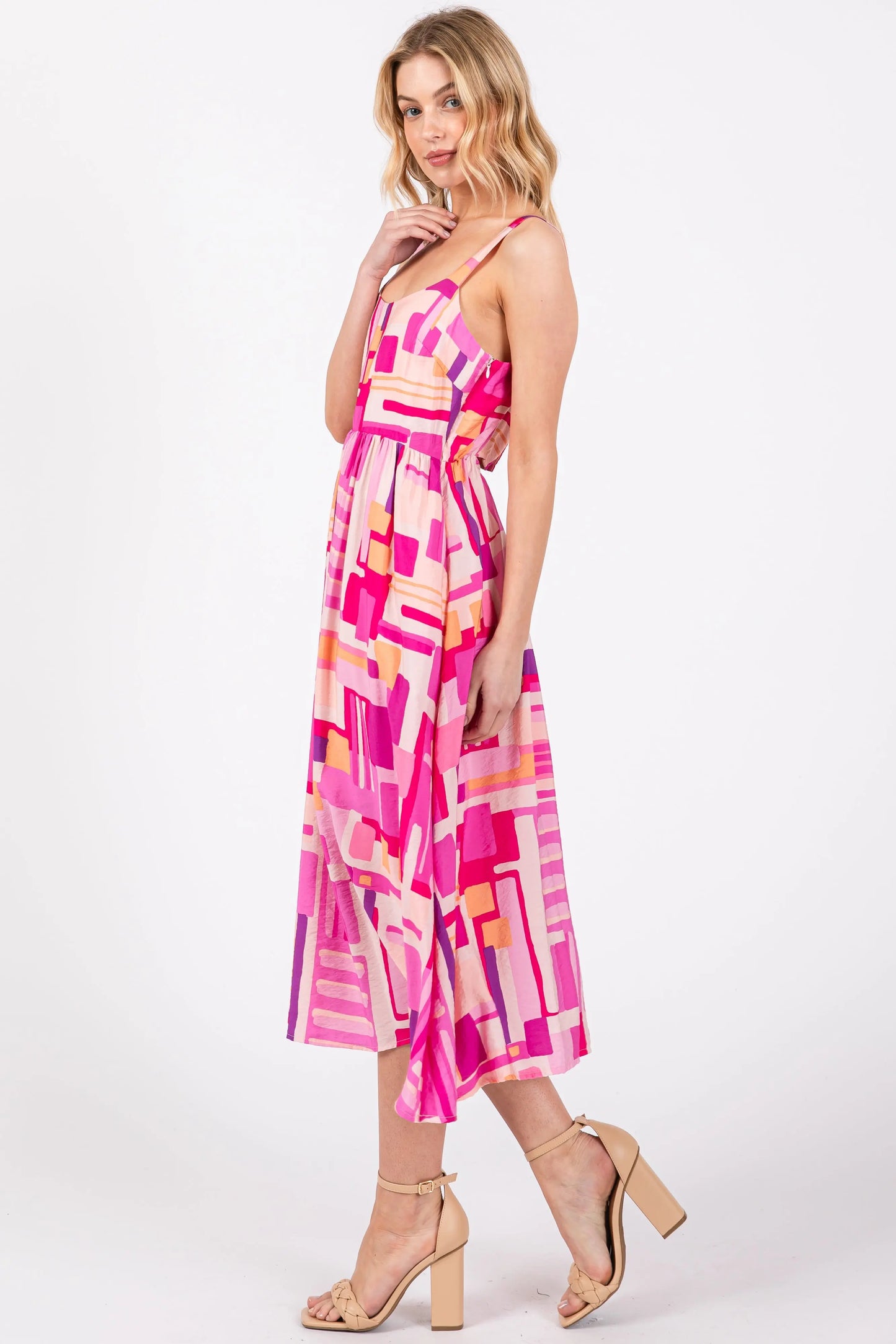 PinkBlush Fuchsia Geo Printed Midi Dress with Cut Out Back for Fashionable Women - Apparel & Accessories > Clothing > Dresses