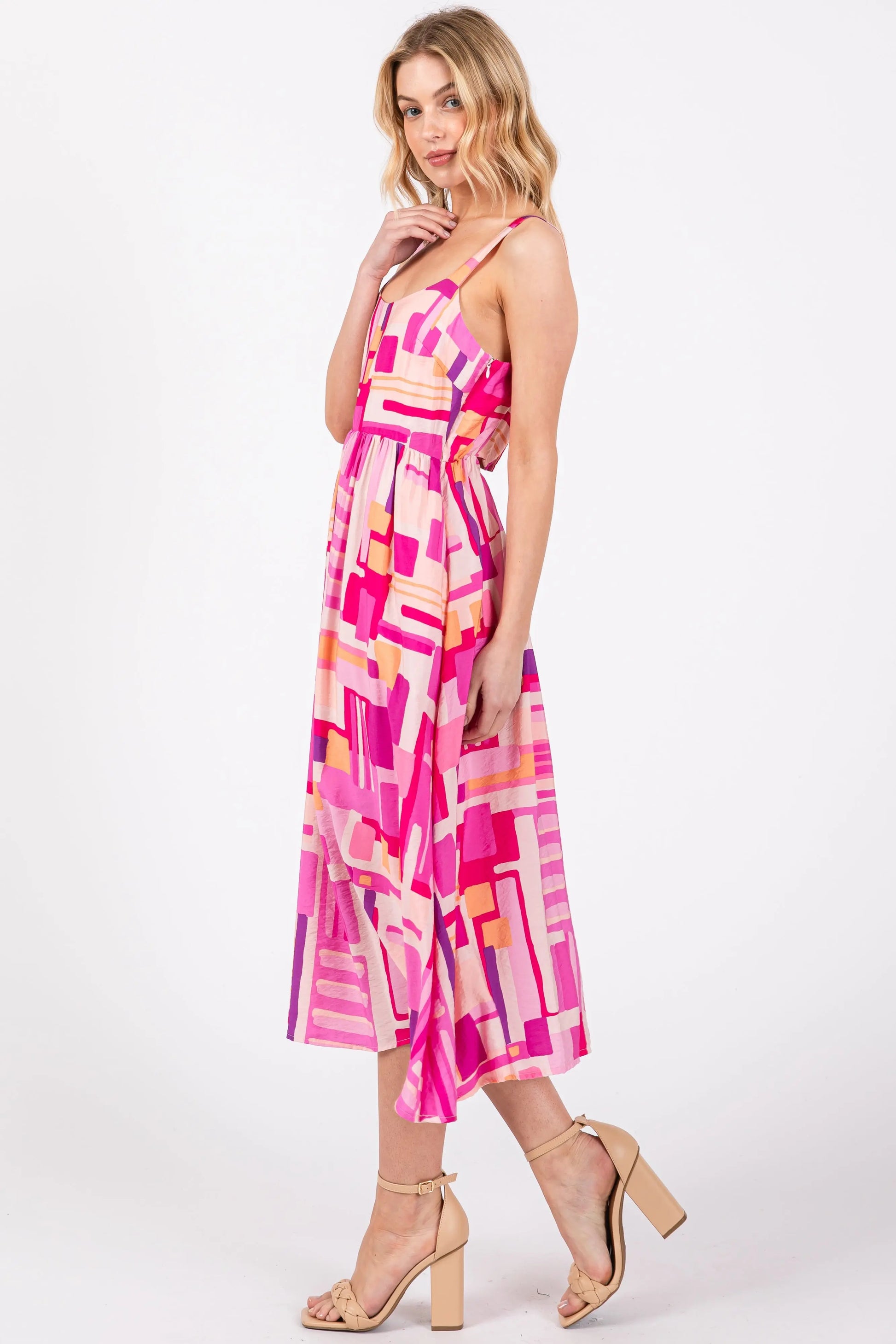 PinkBlush Fuchsia Geo Printed Midi Dress with Cut Out Back for Fashionable Women - Apparel & Accessories > Clothing > Dresses