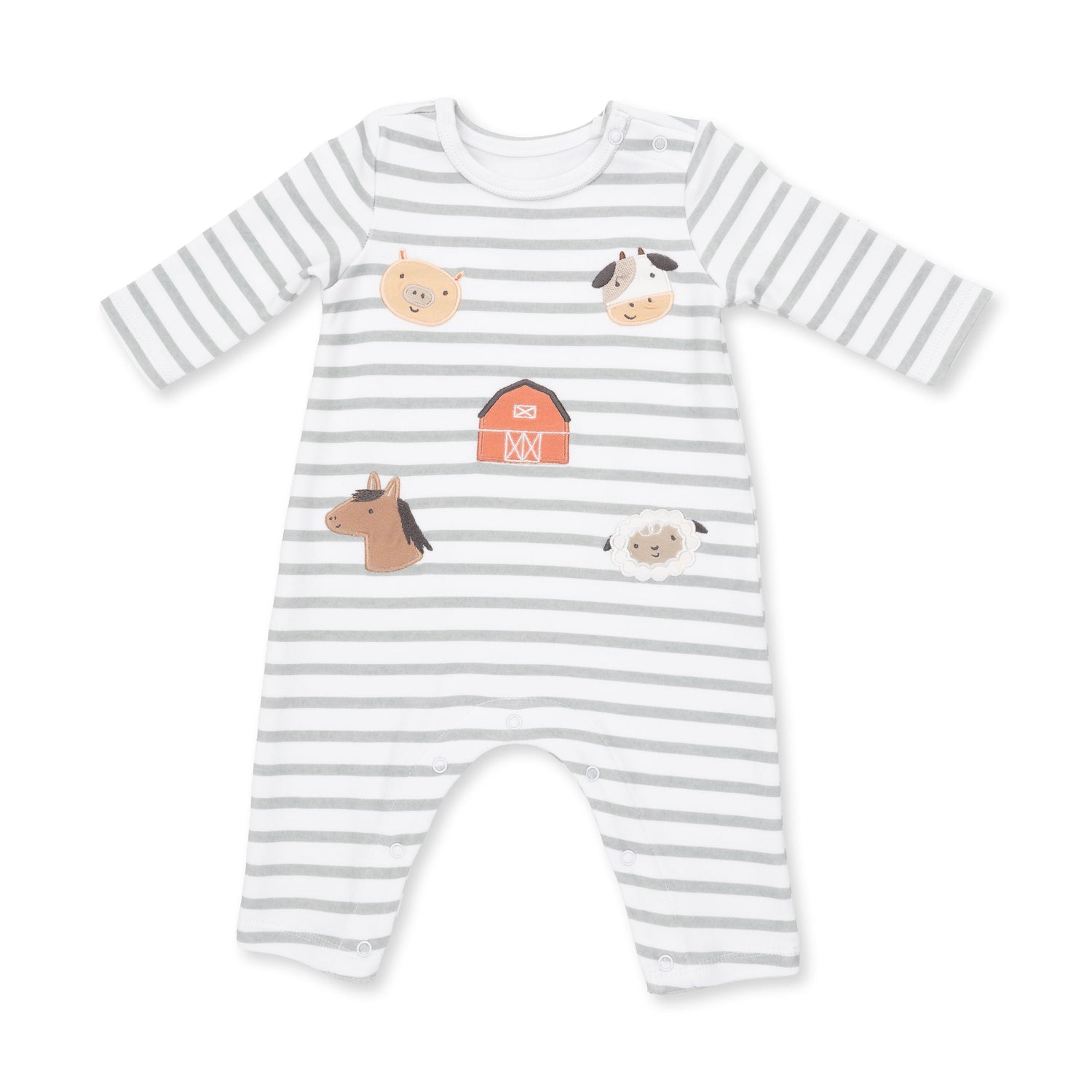 Long sleeve baby romper in blue with cow print, snap shoulders and snap legs
