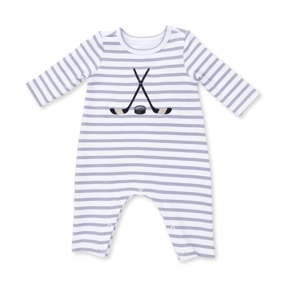 Long sleeve baby romper with hockey sticks and puck applique, snap shoulders and snap legs
