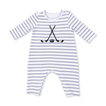 Long sleeve baby romper with hockey sticks and puck applique, snap shoulders and snap legs