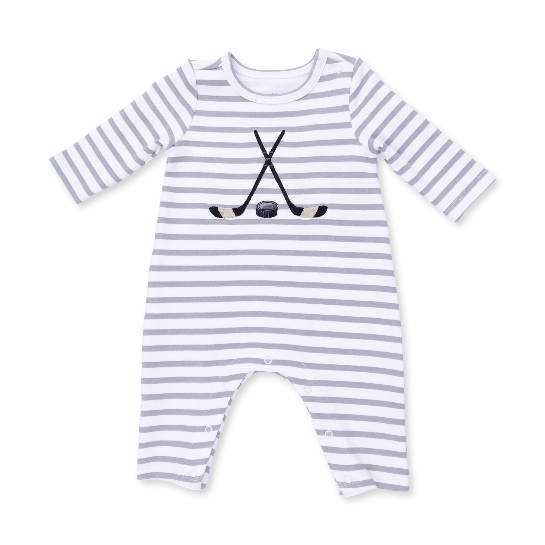 Long sleeve baby romper with hockey sticks and puck applique, snap shoulders and snap legs