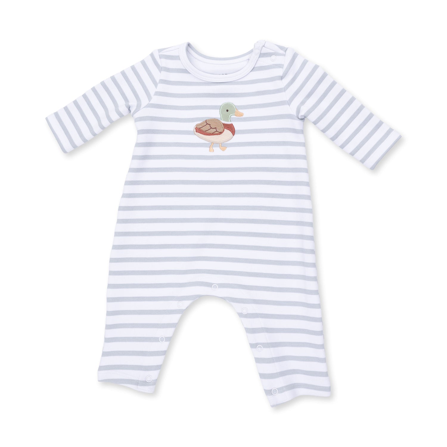 Long sleeve baby romper with mallard duck applique, snap shoulders and snap legs