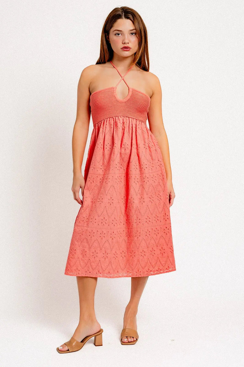 Coral Eyelet Crochet Halter Maternity Dress PinkBlush