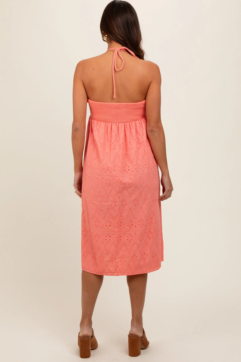 Coral Eyelet Crochet Halter Maternity Dress PinkBlush
