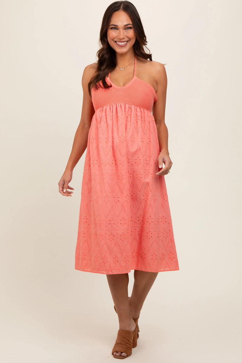 Coral Eyelet Crochet Halter Maternity Dress PinkBlush