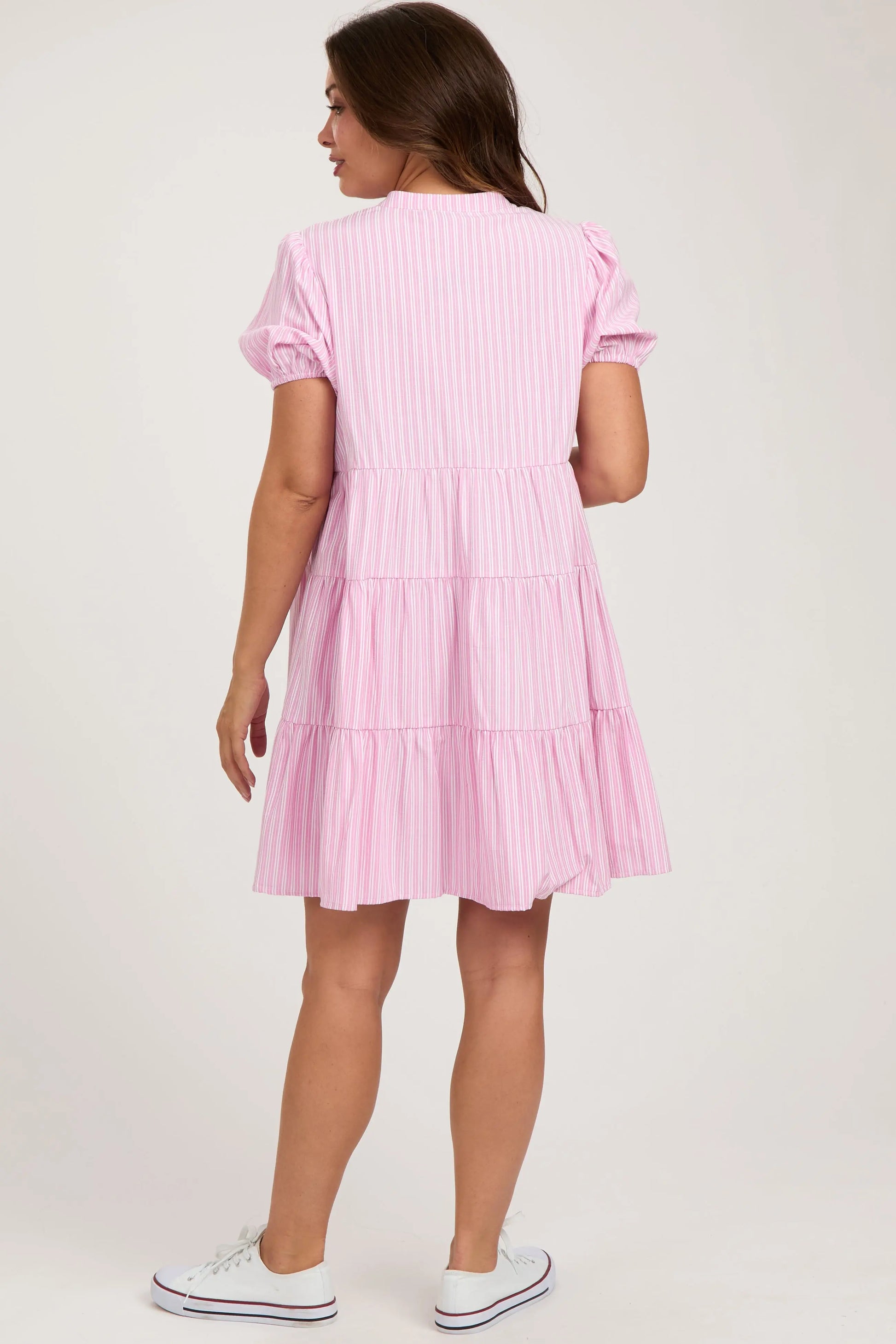 Pink Striped Button Down Tiered Maternity Dress PinkBlush