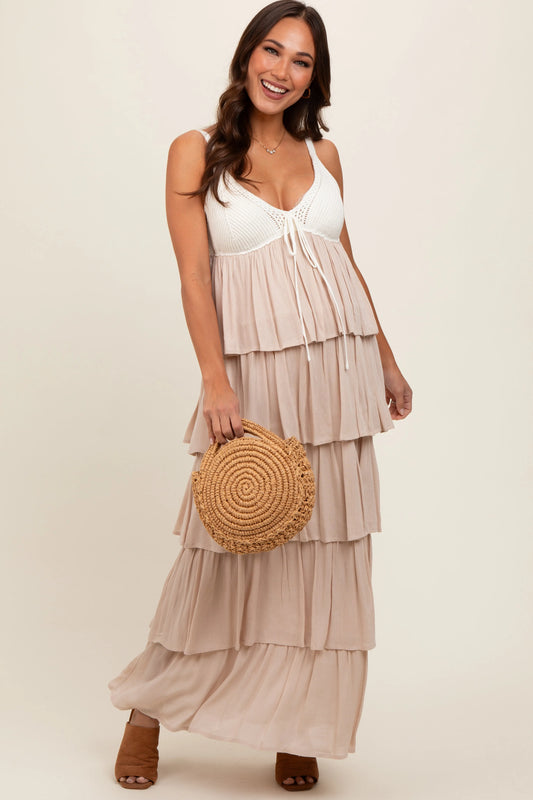 PinkBlush PinkBlush Beige Colorblock Crochet Tiered Maternity Maxi Dress for Expecting Mothers - Apparel & Accessories > Clothing > Maternity Clothing > Maternity Dresses Apparel & Accessories > Clothing > Dresses