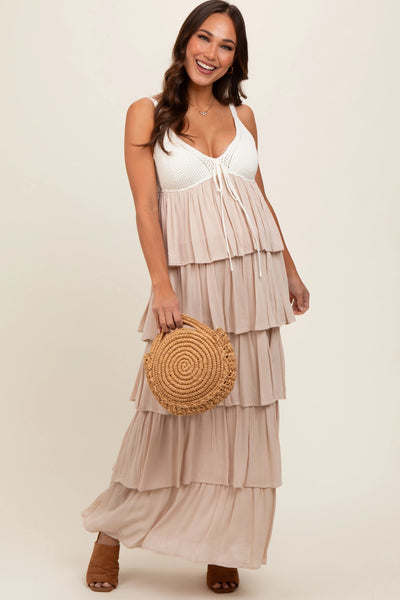 PinkBlush Beige Colorblock Crochet Tiered Maternity Maxi Dress for Expecting Mothers
