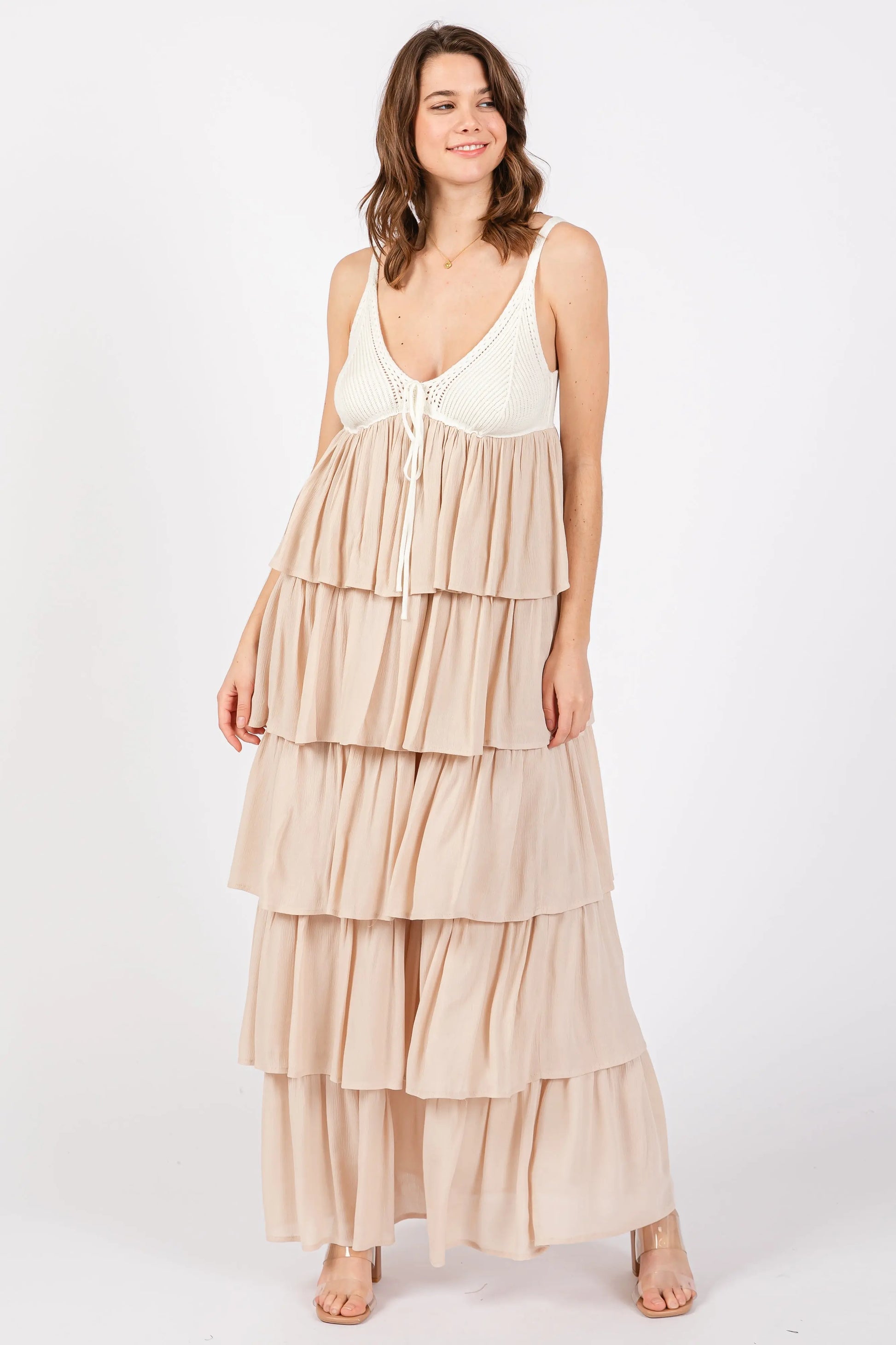 PinkBlush PinkBlush Beige Colorblock Crochet Tiered Maternity Maxi Dress for Expecting Mothers - Apparel & Accessories > Clothing > Maternity Clothing > Maternity Dresses Apparel & Accessories > Clothing > Dresses