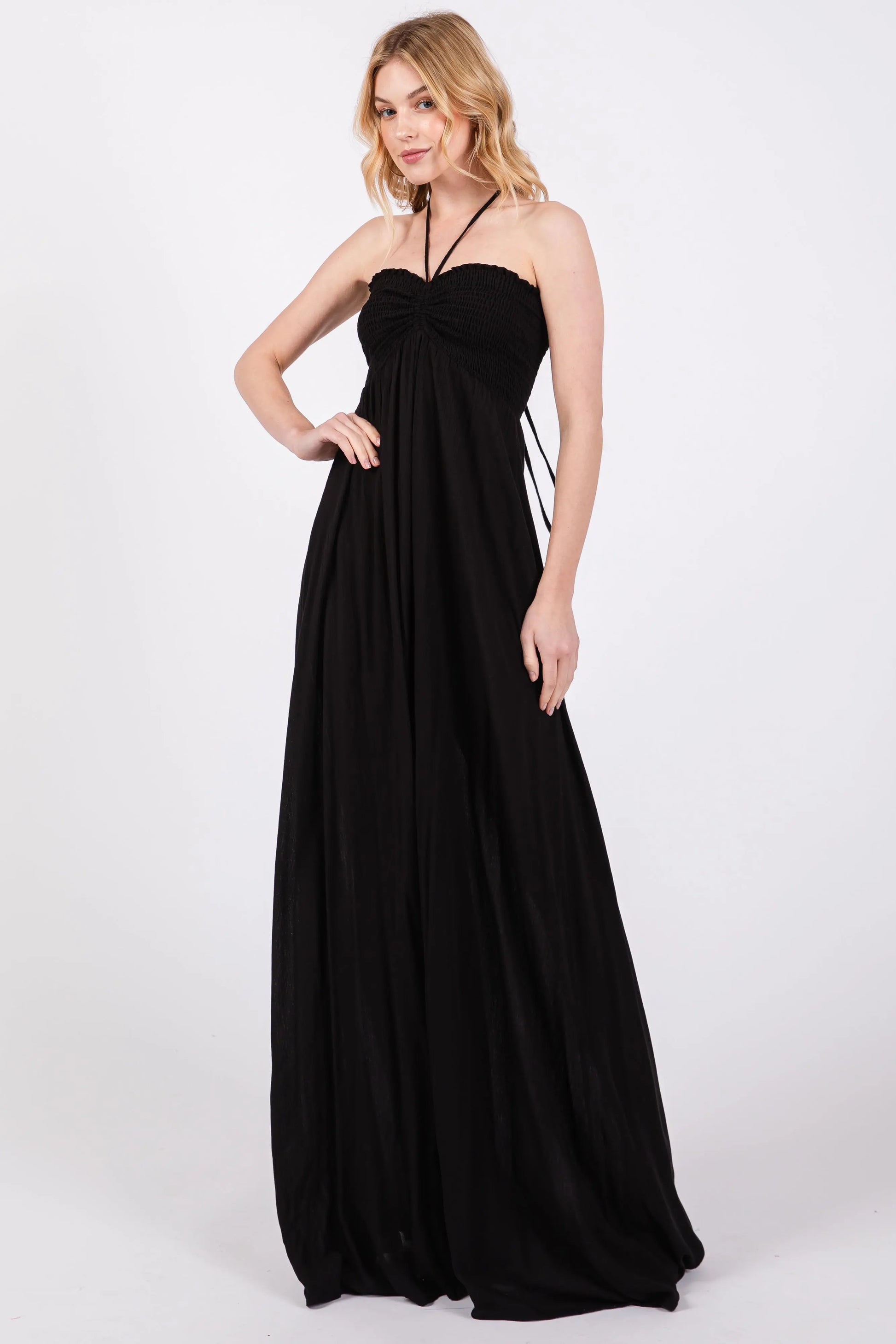 PinkBlush PinkBlush Black Smocked Halter Maternity Maxi Dress with Cutout Back - Apparel & Accessories > Clothing > Dresses