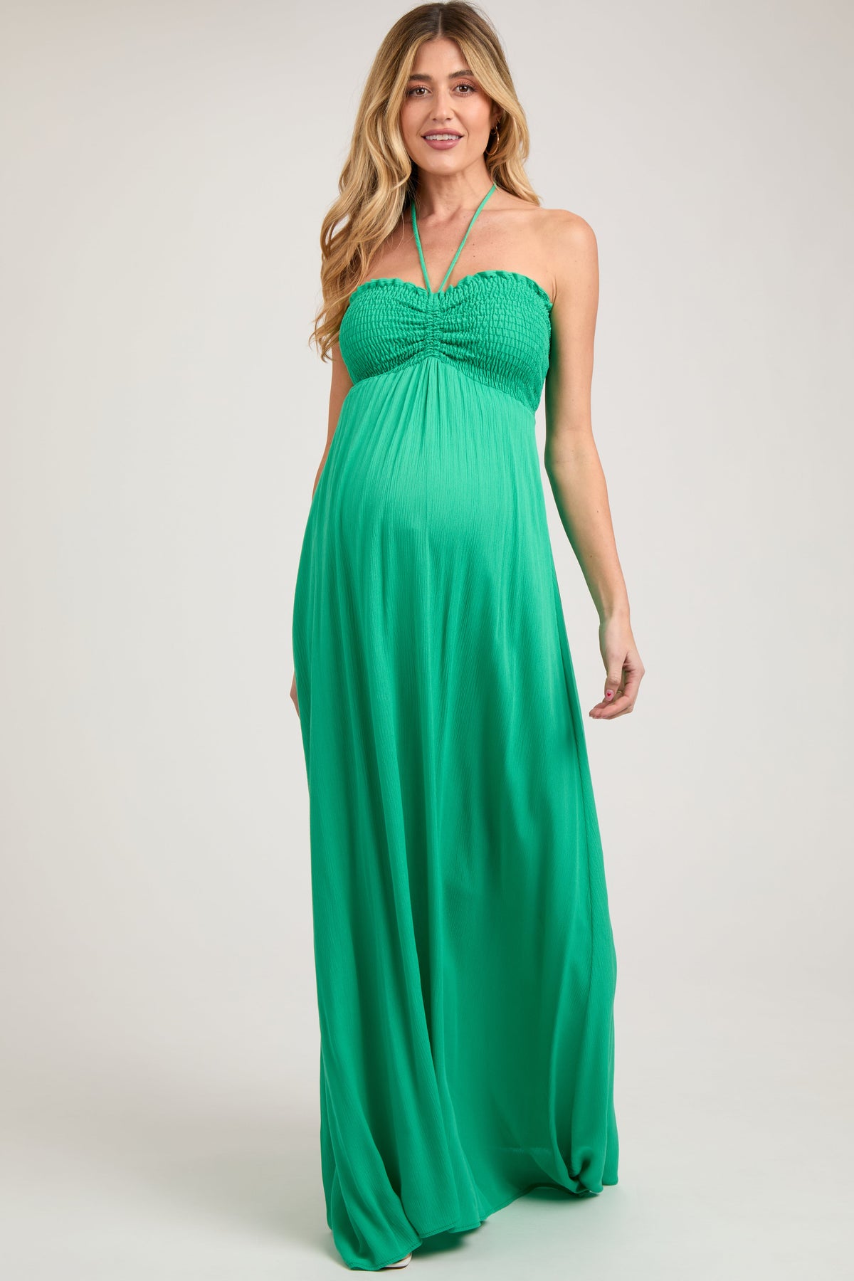 Green Smocked Halter Maternity Maxi Dress by PinkBlush at Everetts Place