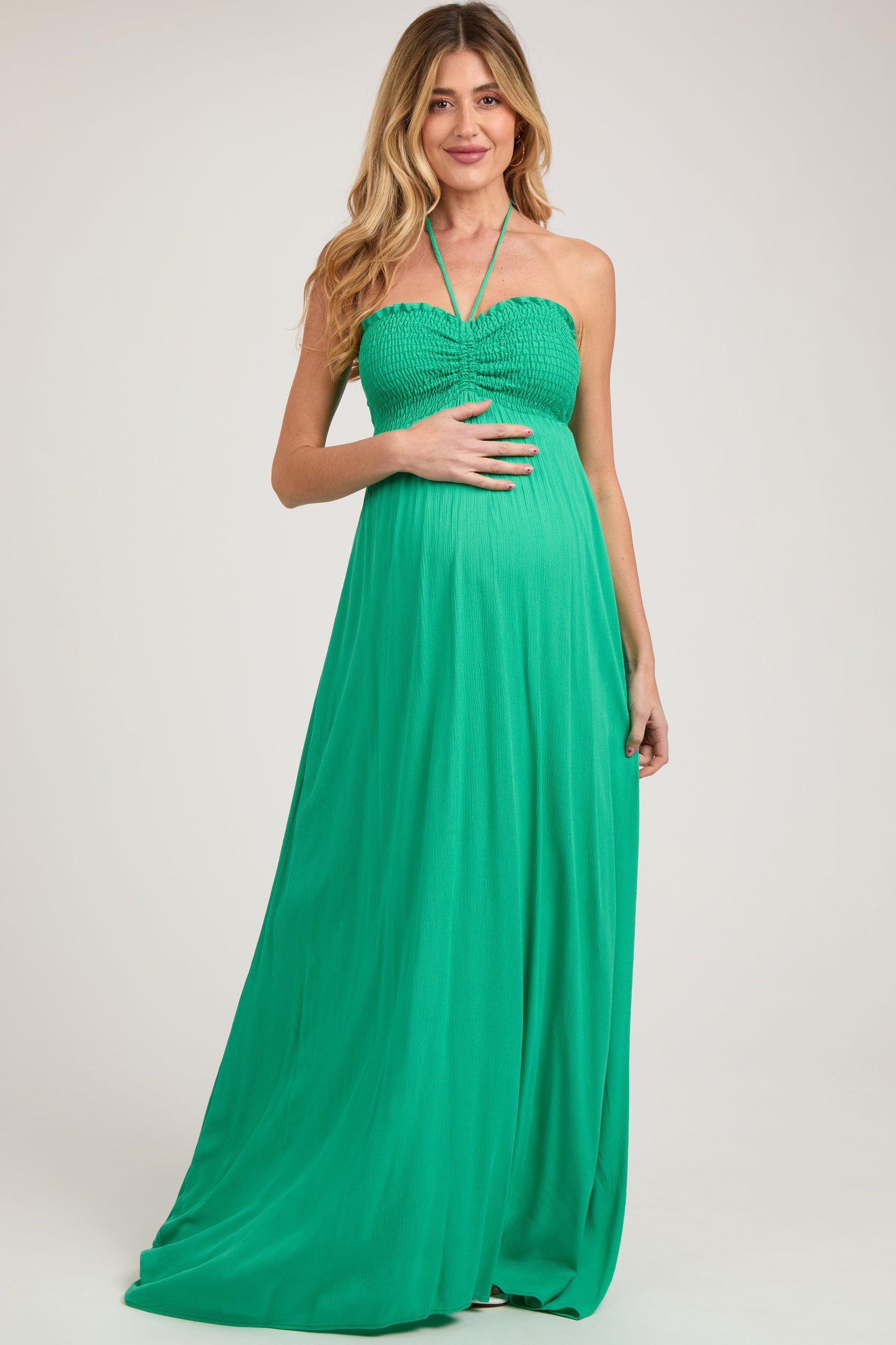 Green Smocked Halter Maternity Maxi Dress by PinkBlush at Everetts Place