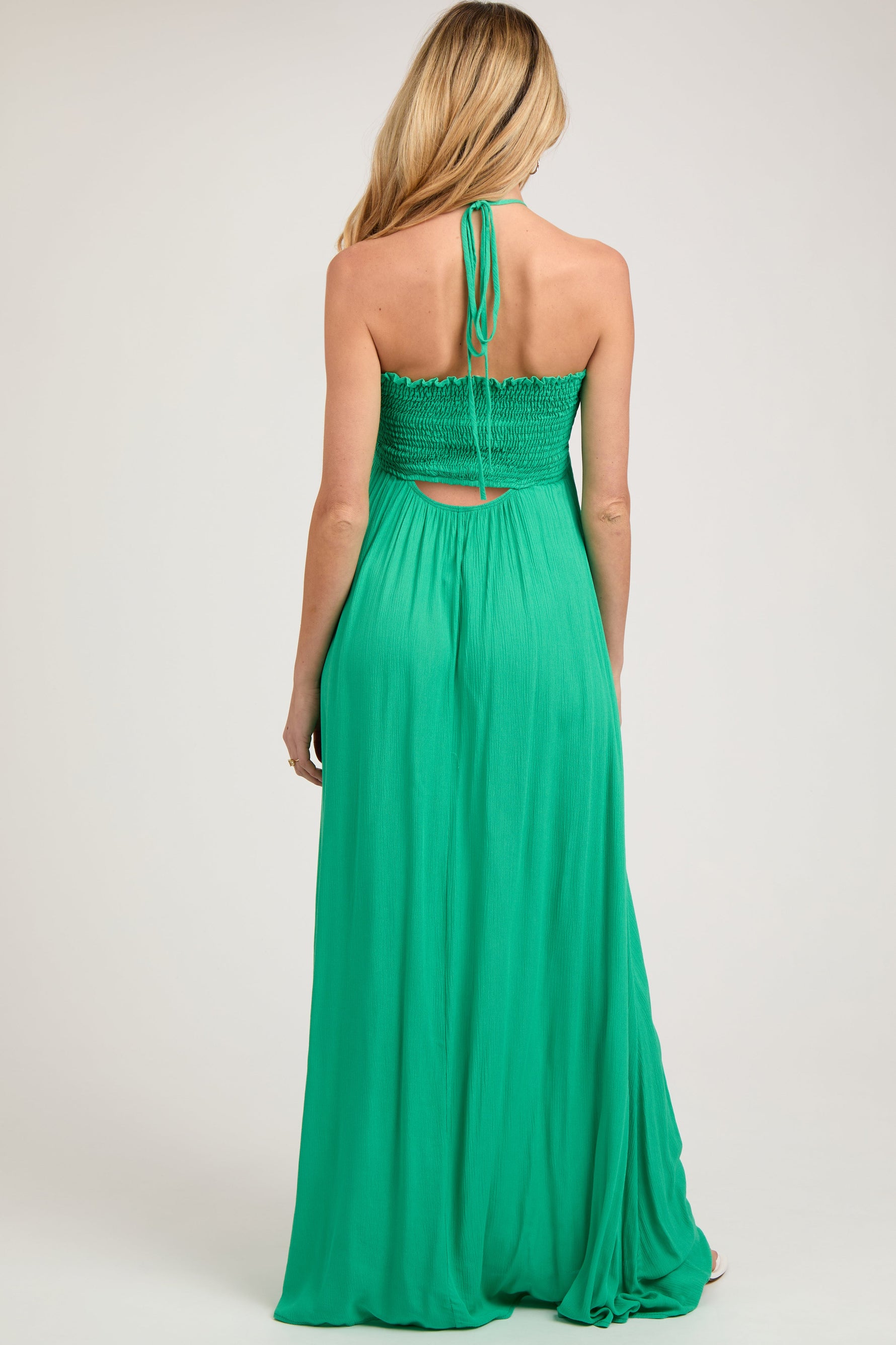 Green Smocked Halter Maternity Maxi Dress by PinkBlush at Everetts Place