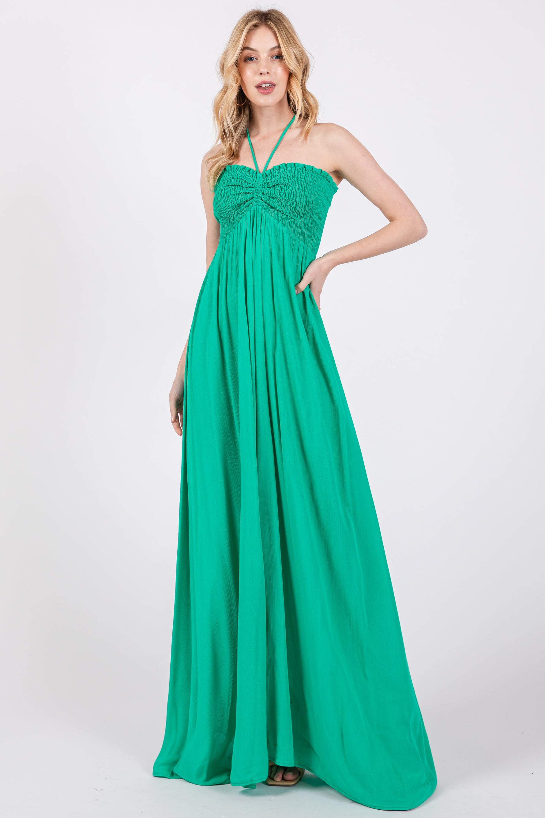 Green Smocked Halter Maternity Maxi Dress by PinkBlush at Everetts Place