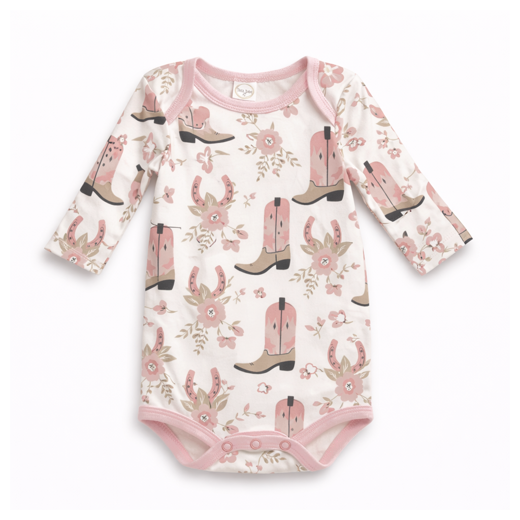 Cowgirl Boots Baby Bodysuit – Cotton Western Print by Tesa Babe at Everetts Place