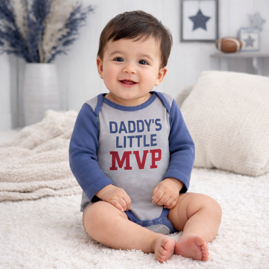 Baby bodysuit with athletic-inspired "Daddy's Little MVP" lettering and snap closures