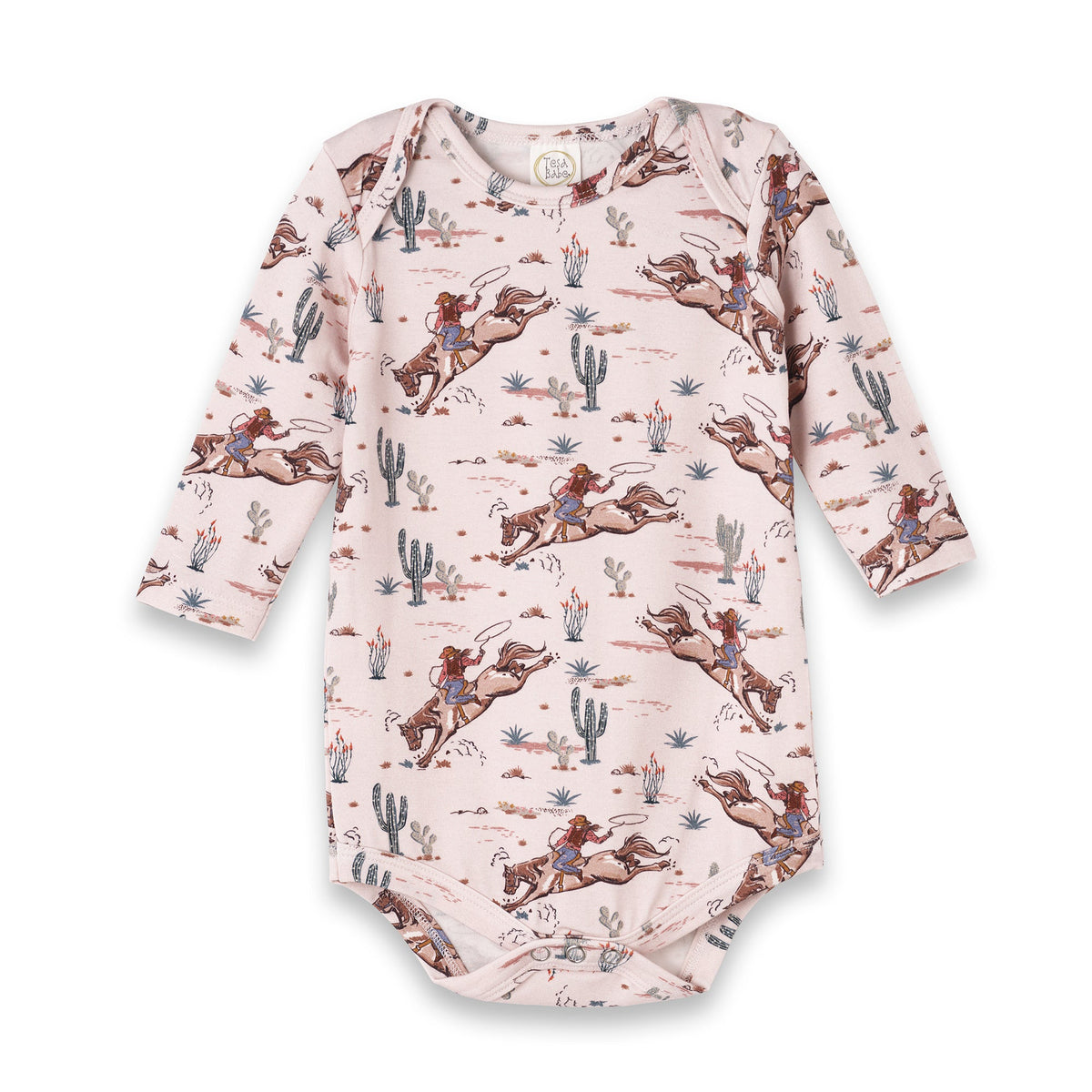 Baby girl bodysuit with Western cowgirl prairie print, envelope neckline, and bottom snaps
