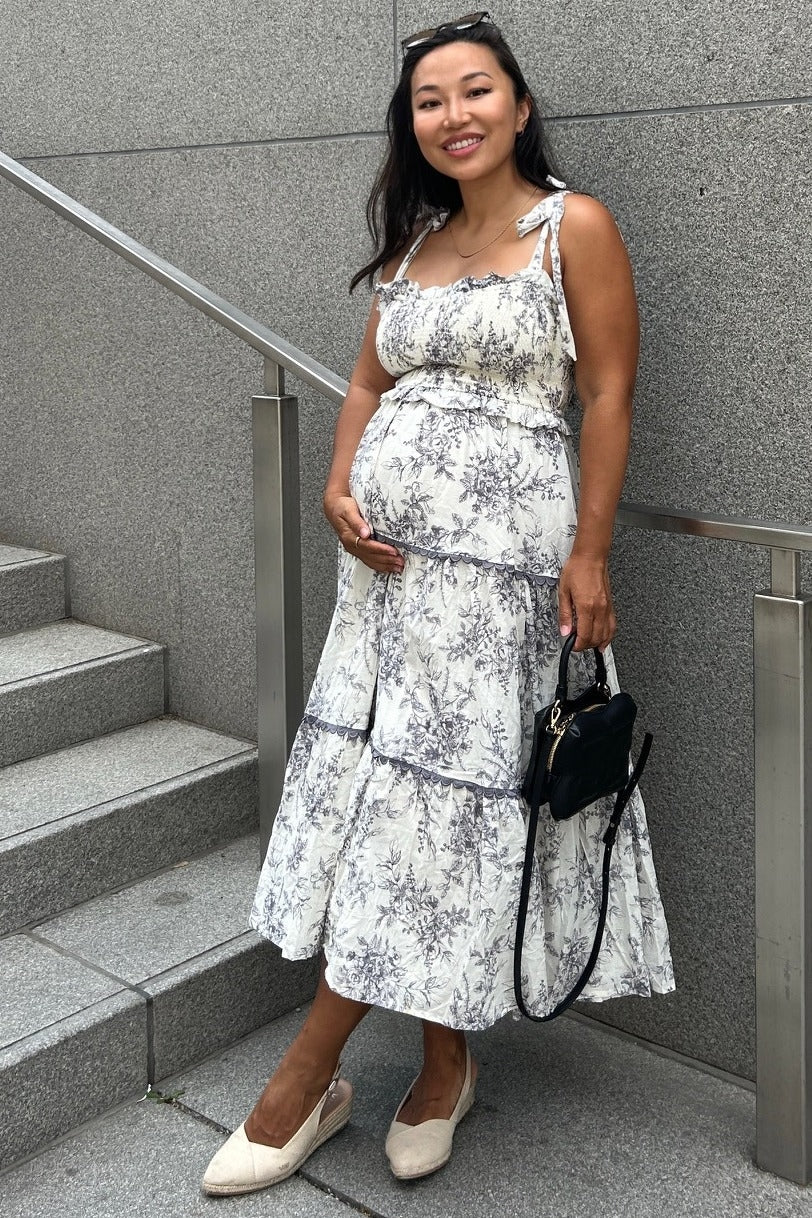 Charcoal Floral Sleeveless Ruffle Tiered Maternity Midi Dress - Shoulder, Fashion, White, Bag, Beauty | Everetts Place
