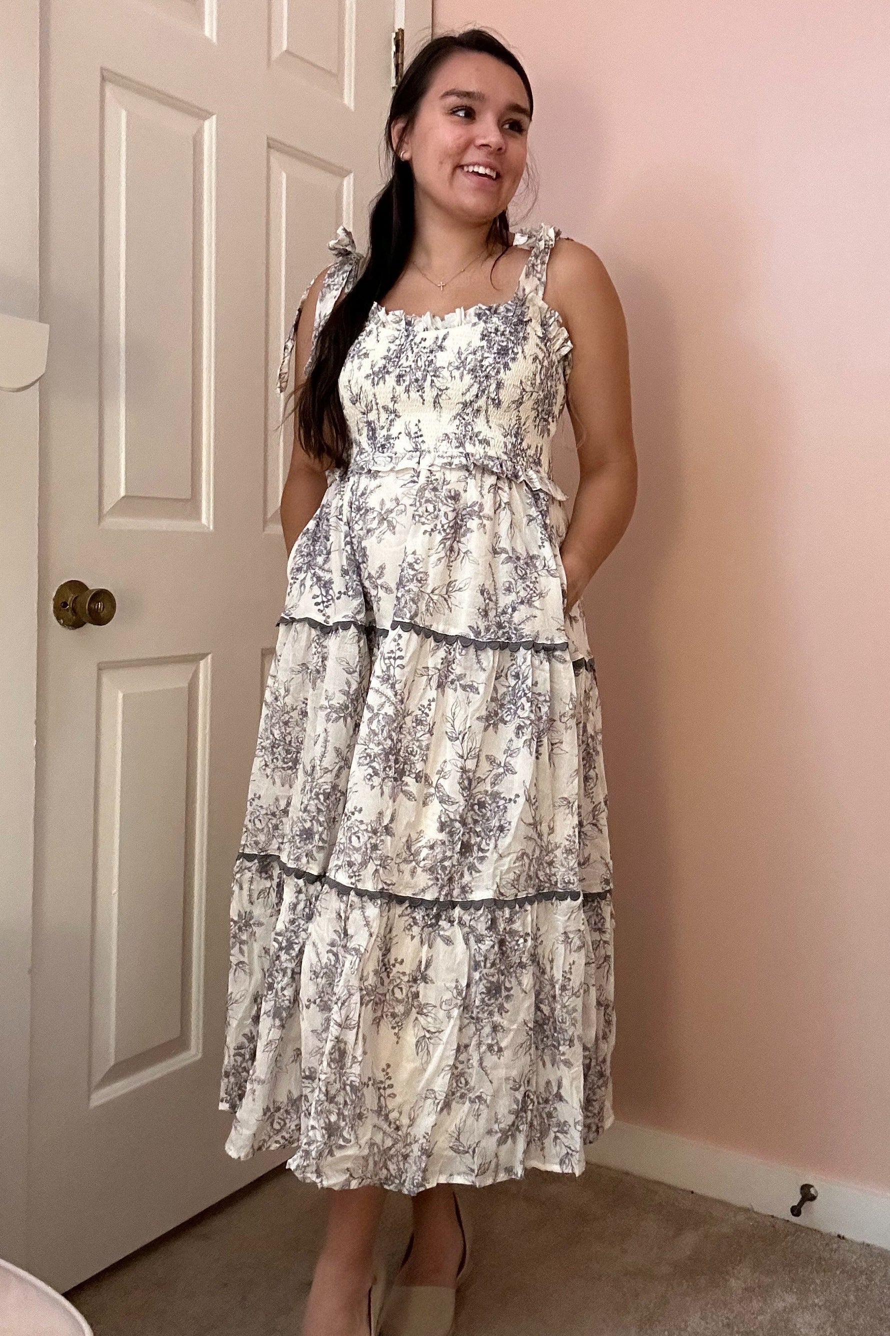 Charcoal Floral Sleeveless Ruffle Tiered Midi Dress by PinkBlush at Everetts Place