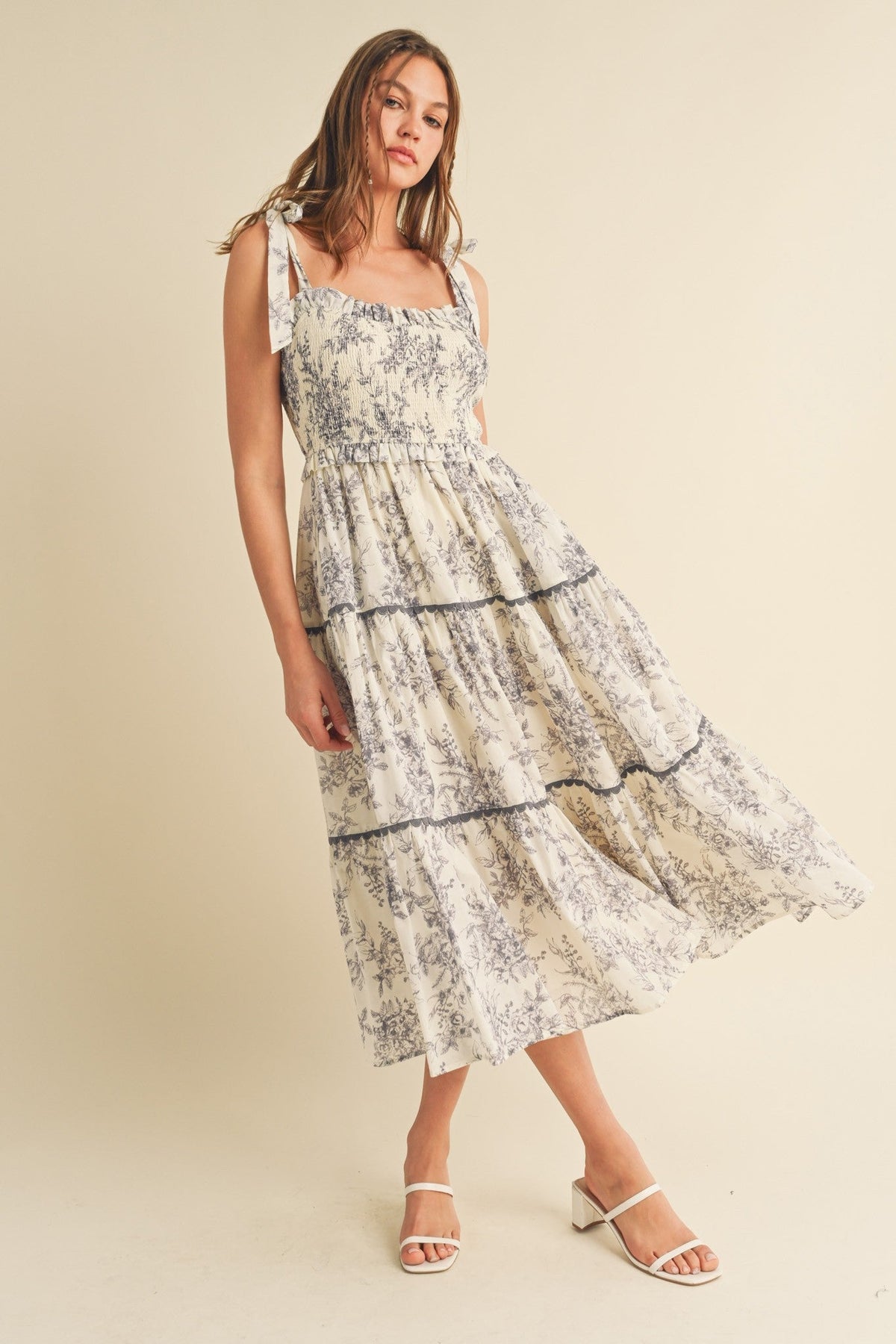 Charcoal Floral Sleeveless Ruffle Tiered Midi Dress - Day Dress, One-piece garment, Embellishment, Dress, Person | Everetts Place