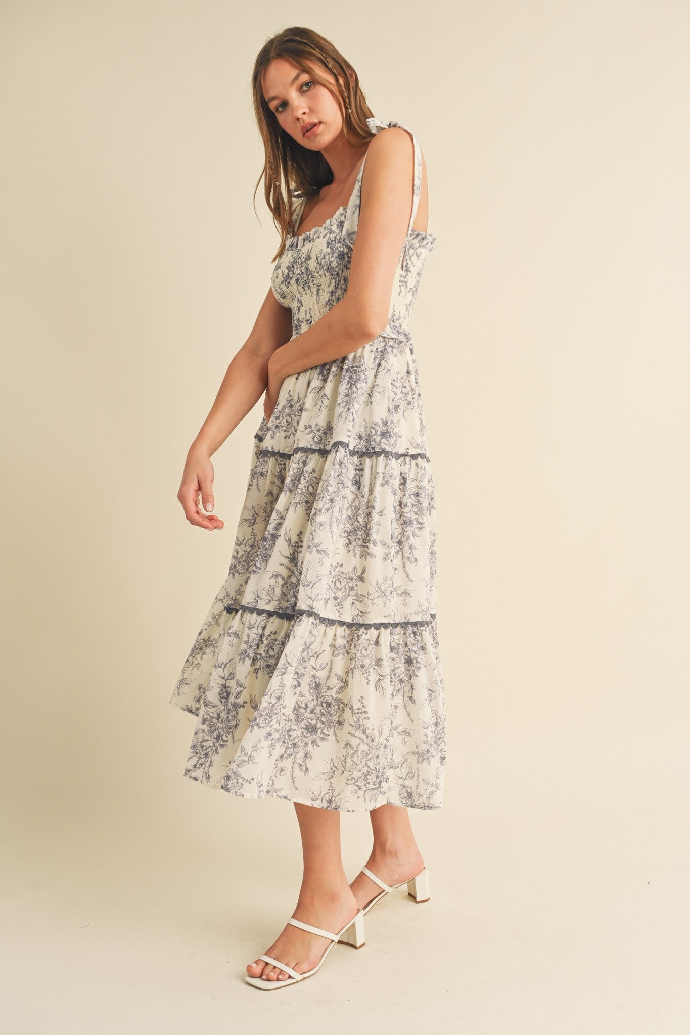 Charcoal Floral Sleeveless Ruffle Tiered Midi Dress by PinkBlush at Everetts Place