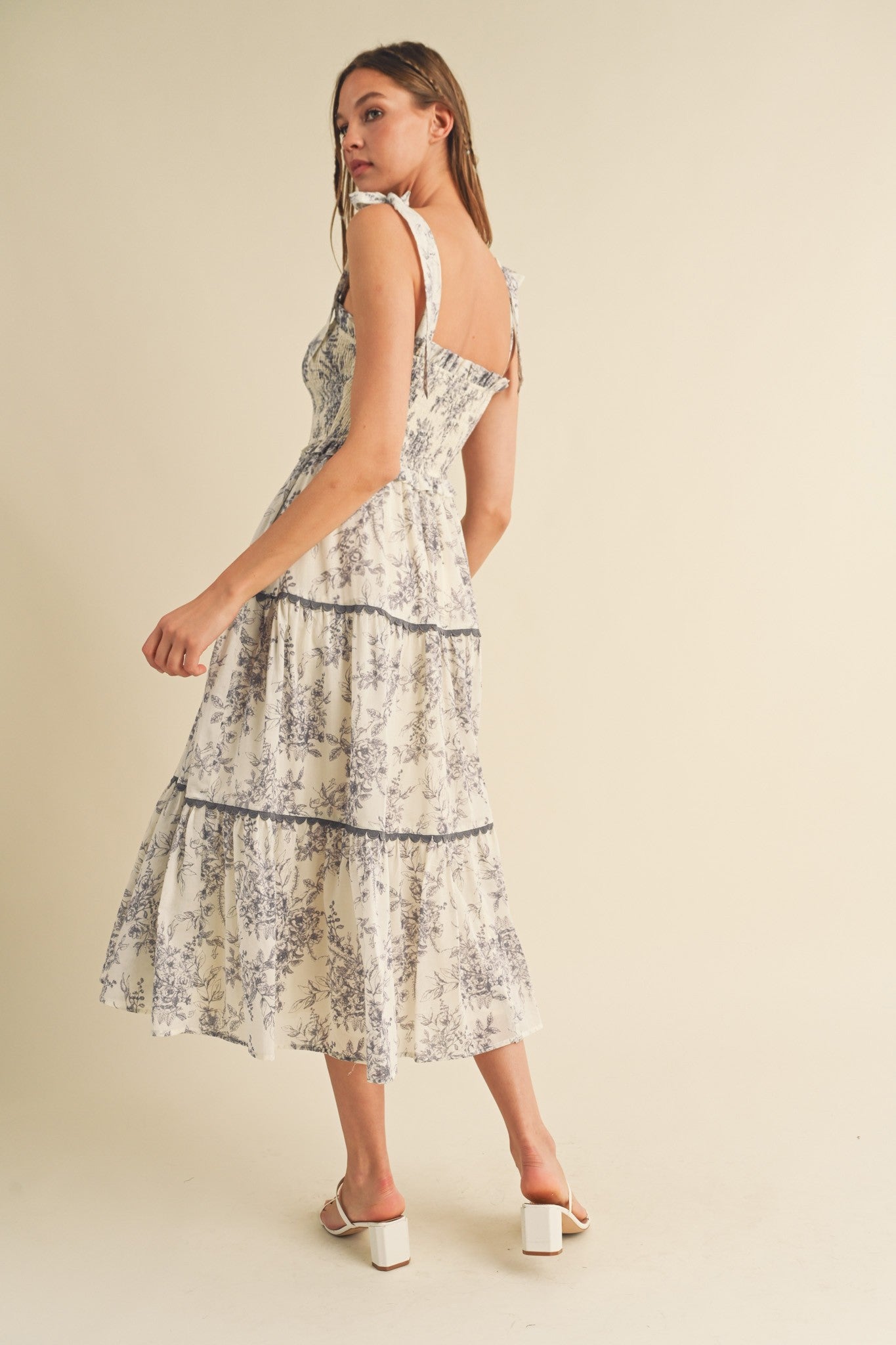 Charcoal Floral Sleeveless Ruffle Tiered Midi Dress by PinkBlush at Everetts Place