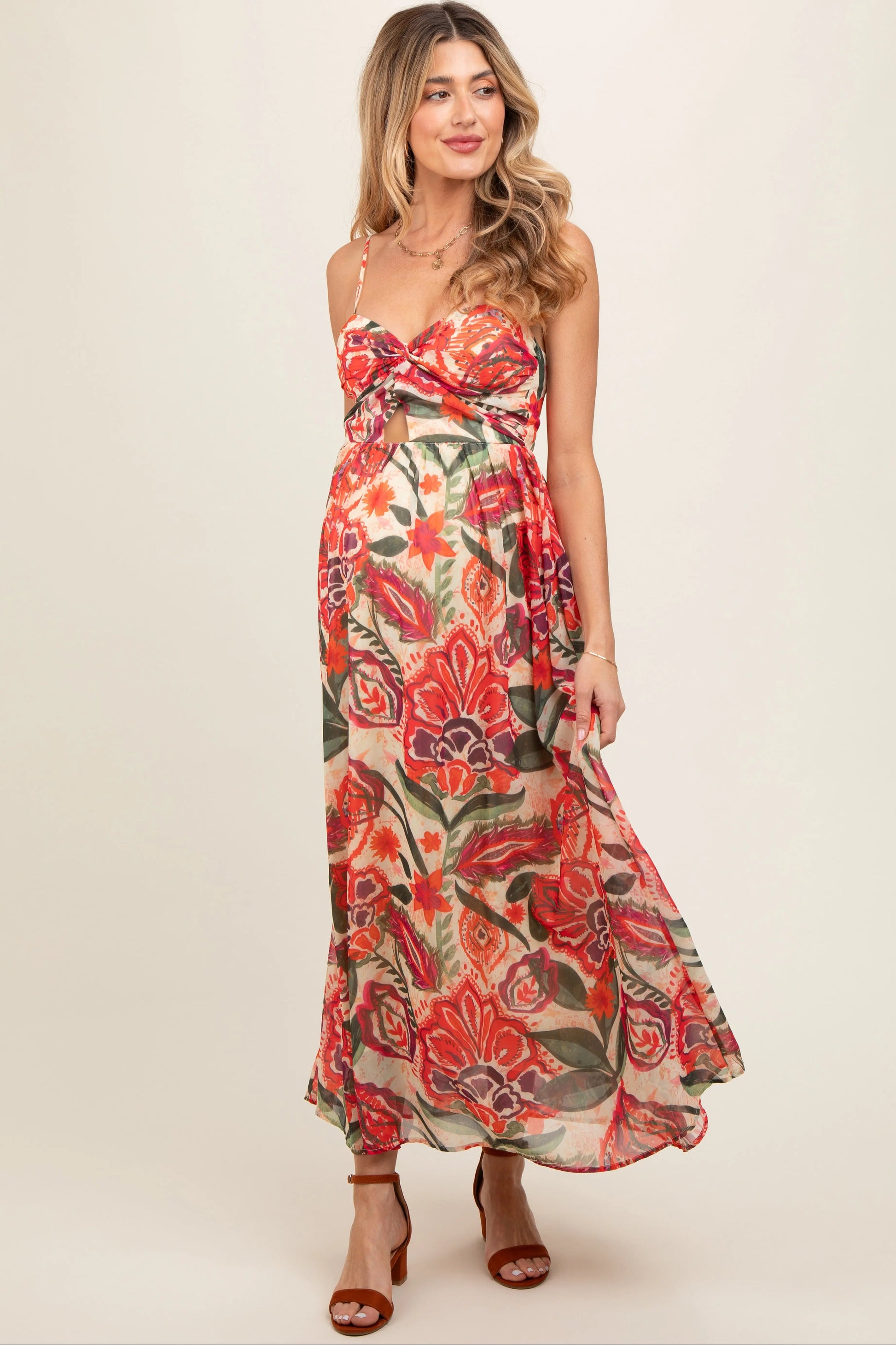 PinkBlush Elegant Floral Maternity Midi Dress with Front Cutout for Stylish Moms - Apparel & Accessories > Clothing > Dresses