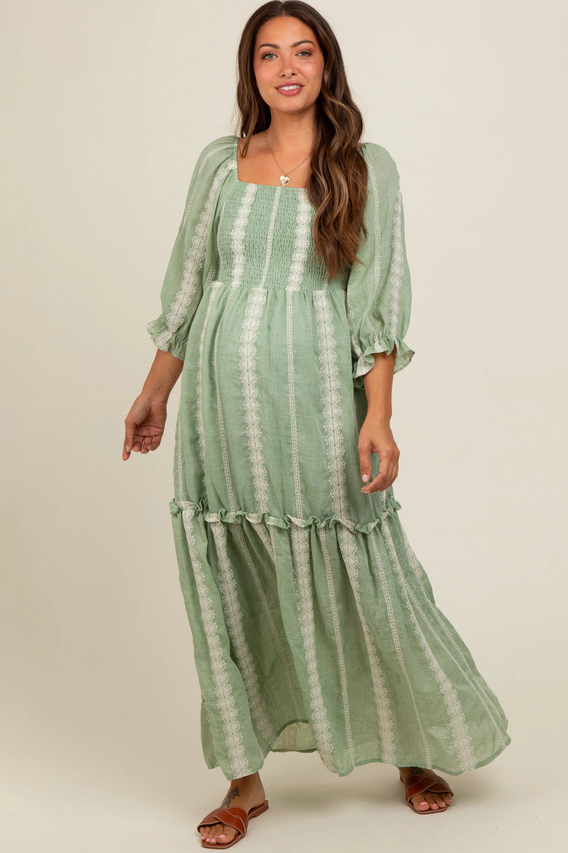 PinkBlush Light Olive Maternity Maxi Dress with Embroidered Detail for Expecting Mothers - Apparel & Accessories > Clothing > Dresses