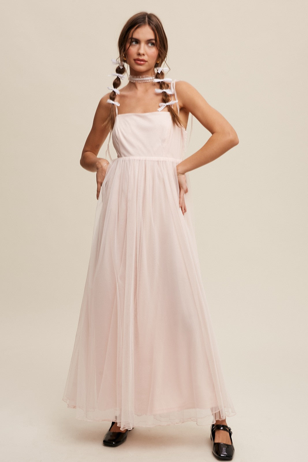 Light pink square neck shoulder tie tulle maternity maxi dress.