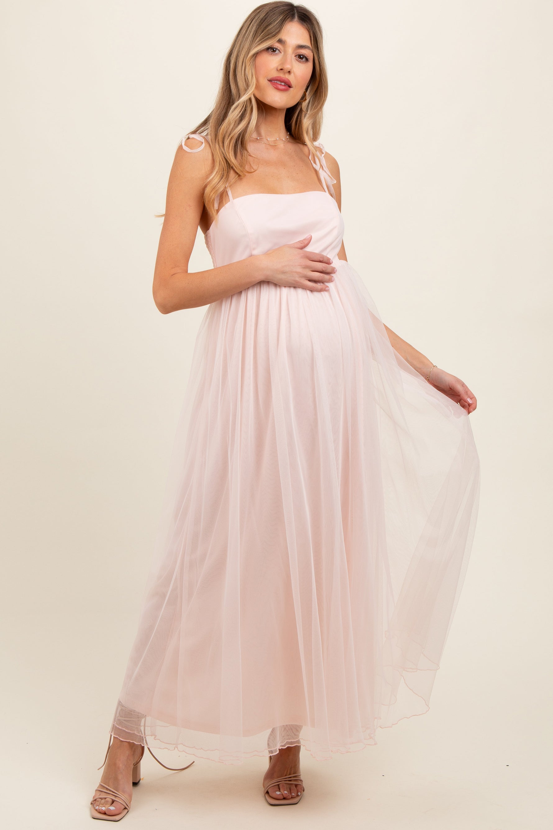 PinkBlush light pink square neck shoulder tie tulle maternity maxi dress.