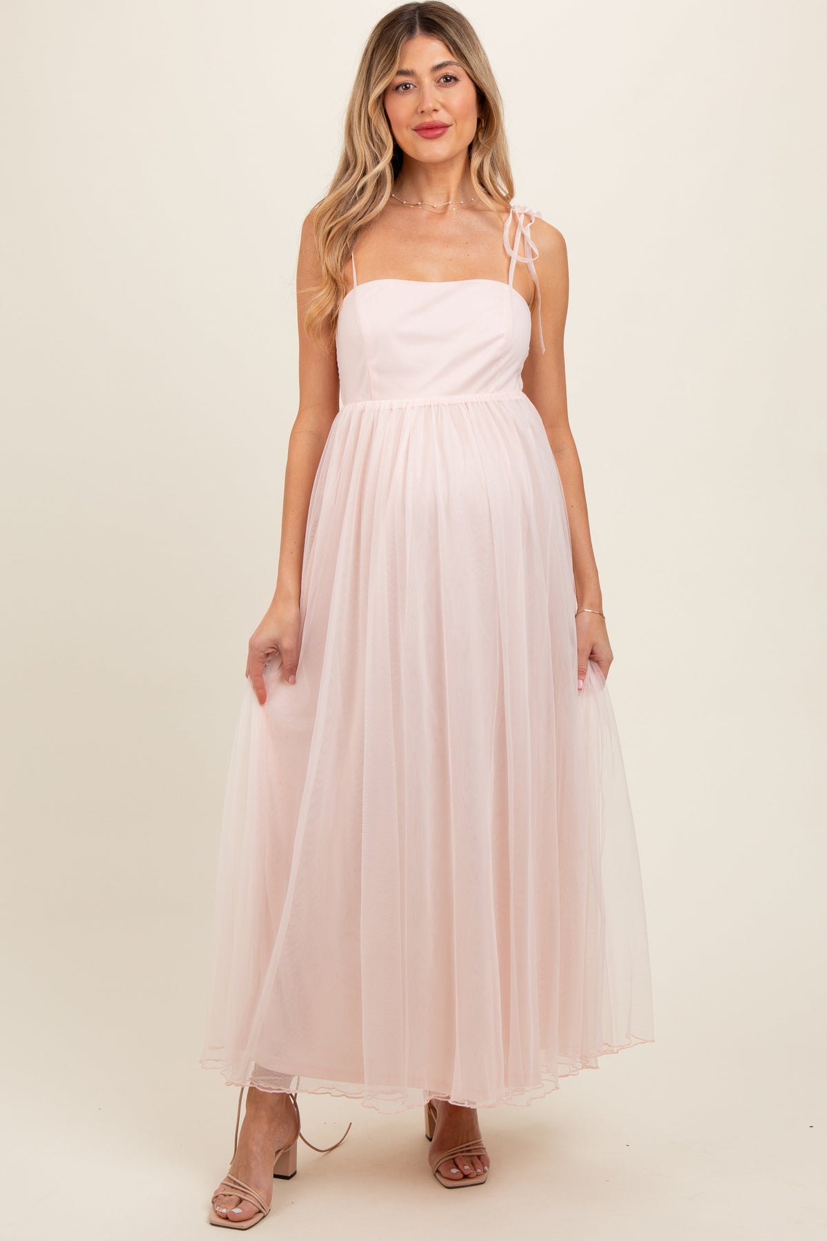 PinkBlush light pink square neck shoulder tie tulle maternity maxi dress
