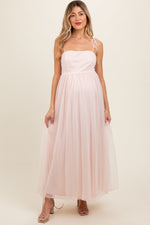 PinkBlush light pink square neck shoulder tie tulle maternity maxi dress