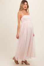 PinkBlush light pink square neck shoulder tie tulle maternity maxi dress.