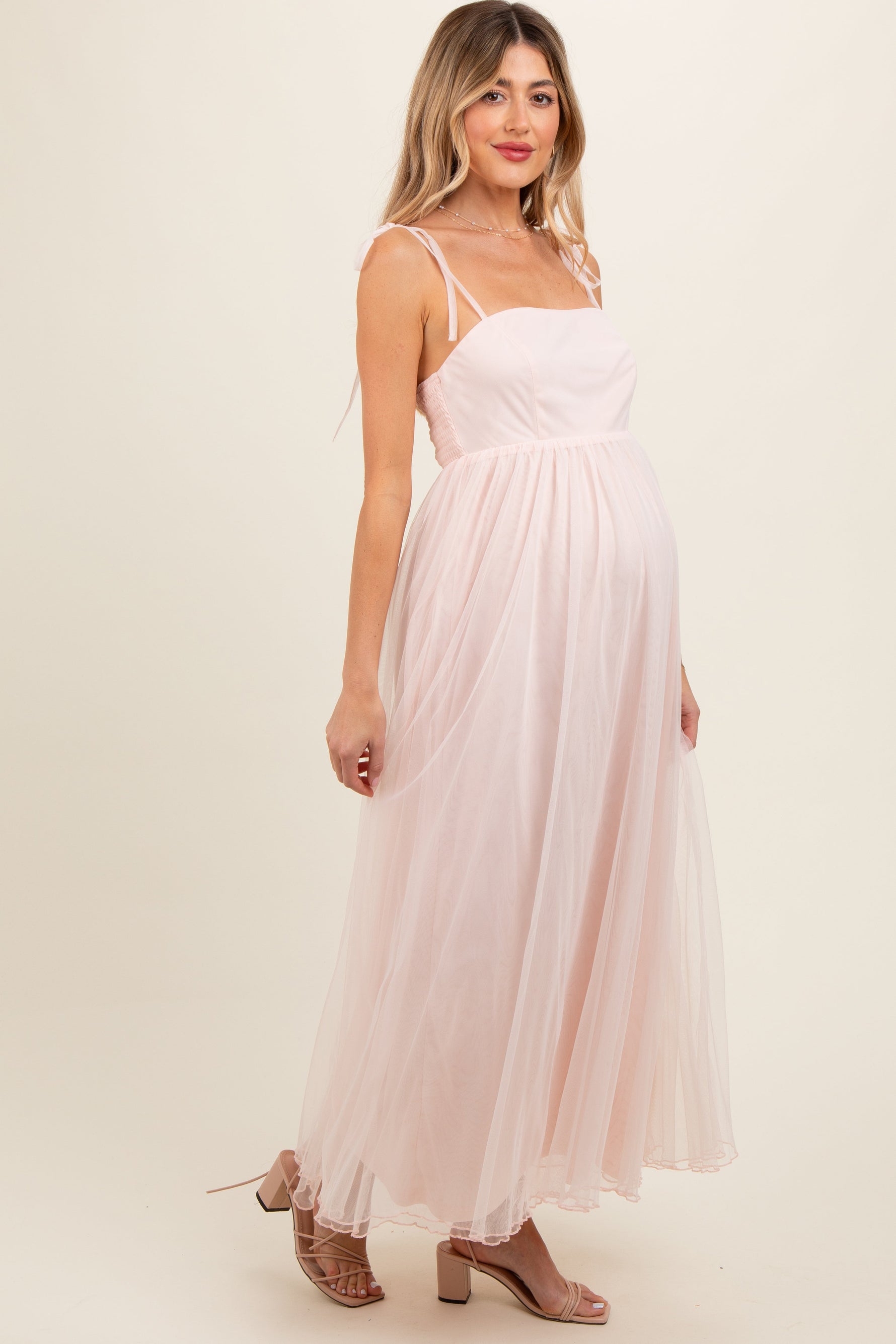 PinkBlush light pink square neck shoulder tie tulle maternity maxi dress.