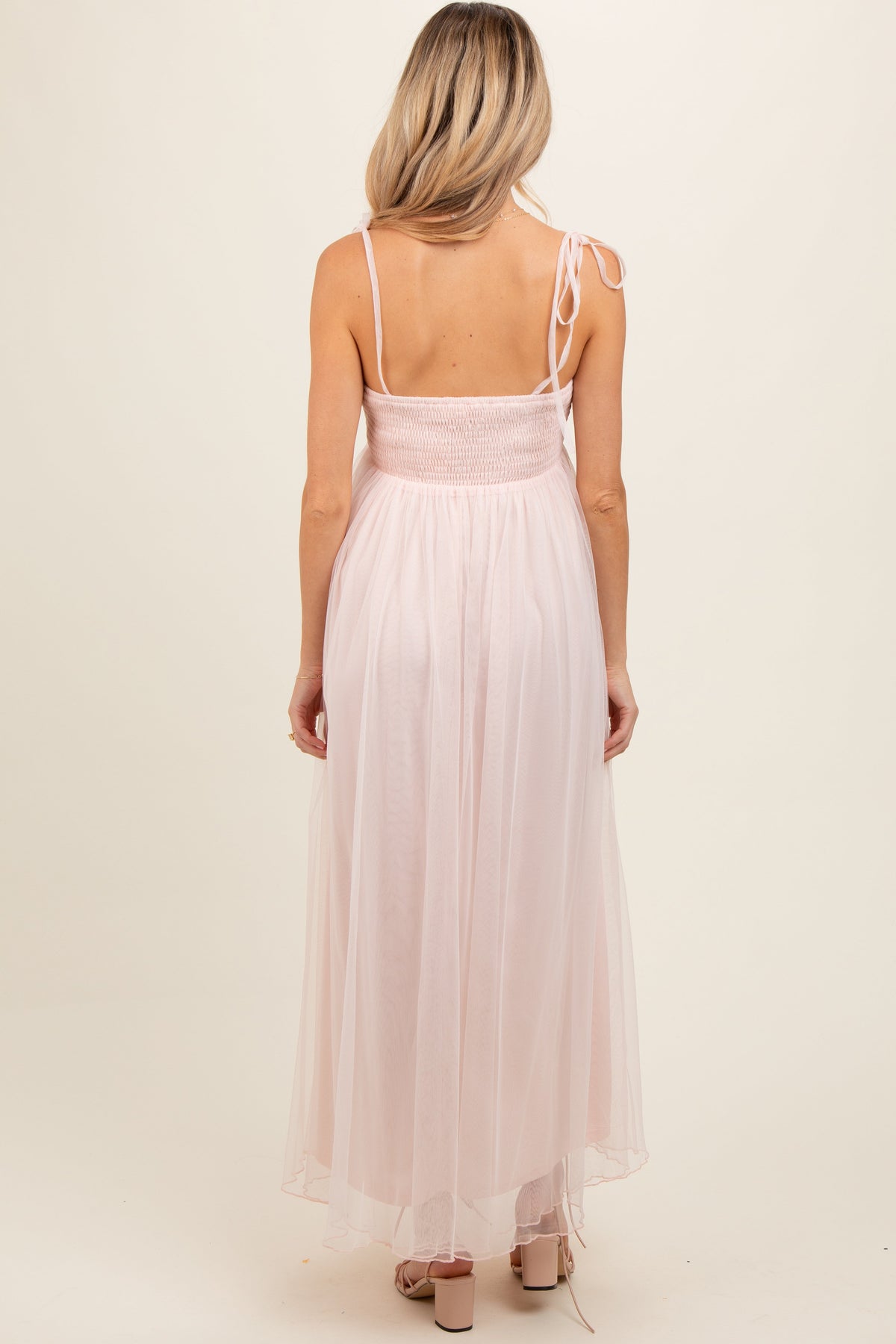 PinkBlush light pink square neck shoulder tie tulle maternity maxi dress